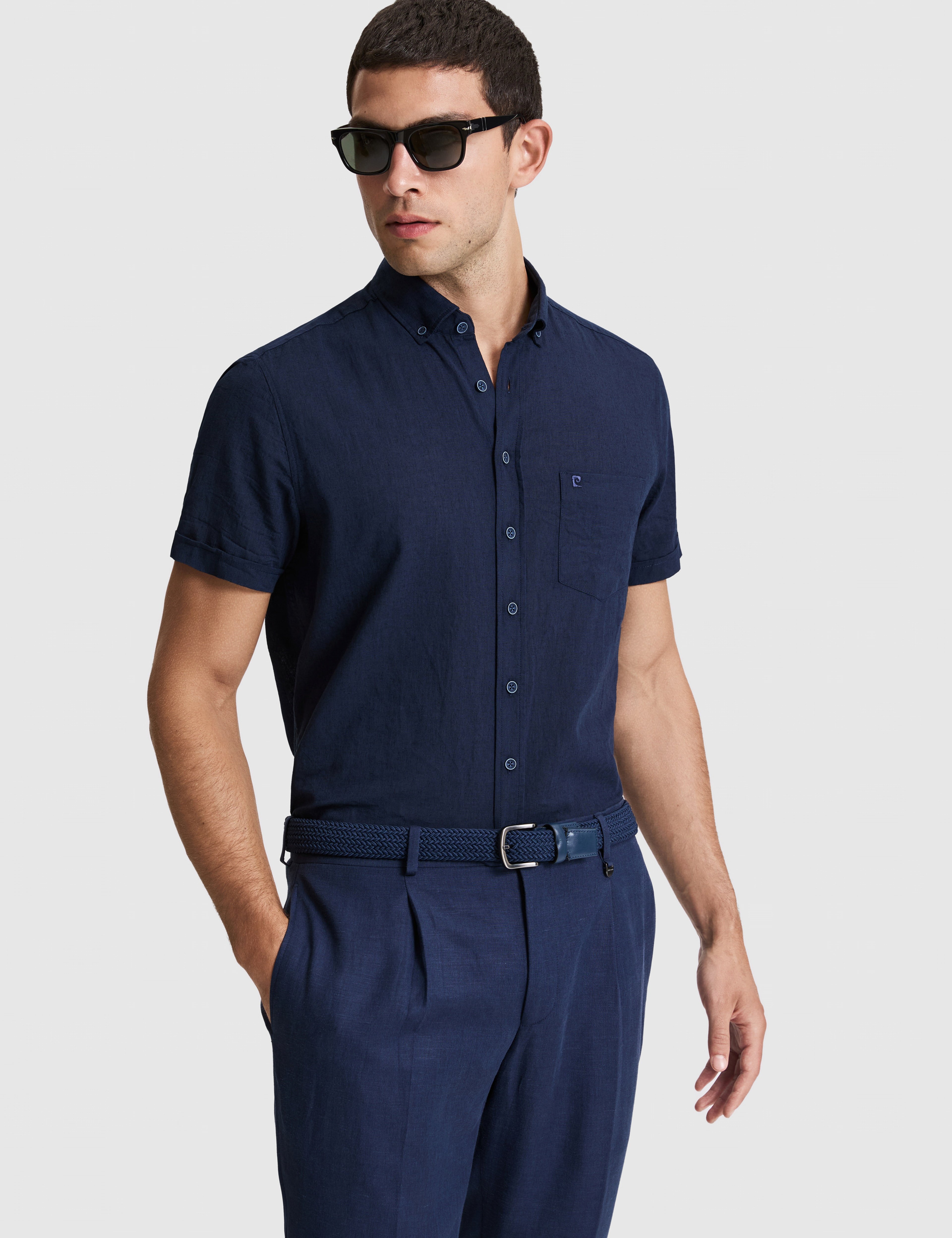 Lacivert Keten Karışımlı Regular Fit Kısa Kollu Gömlek - Image 3