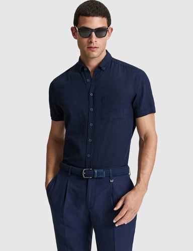 Lacivert Keten Karışımlı Regular Fit Kısa Kollu Gömlek