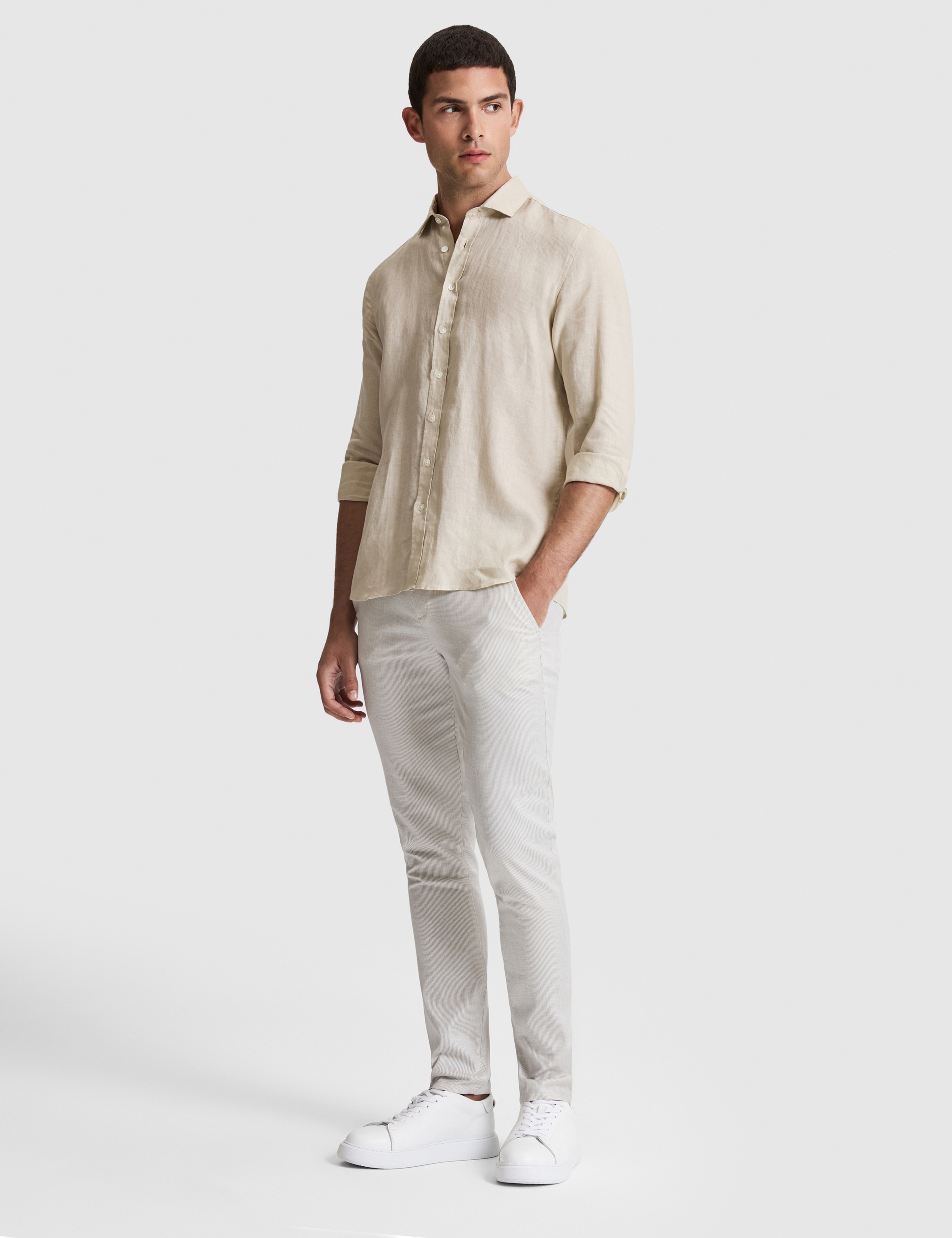 Bej %100 Keten Regular Fit Uzunkollu Gömlek - Image 4