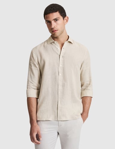 Bej %100 Keten Regular Fit Uzunkollu Gömlek
