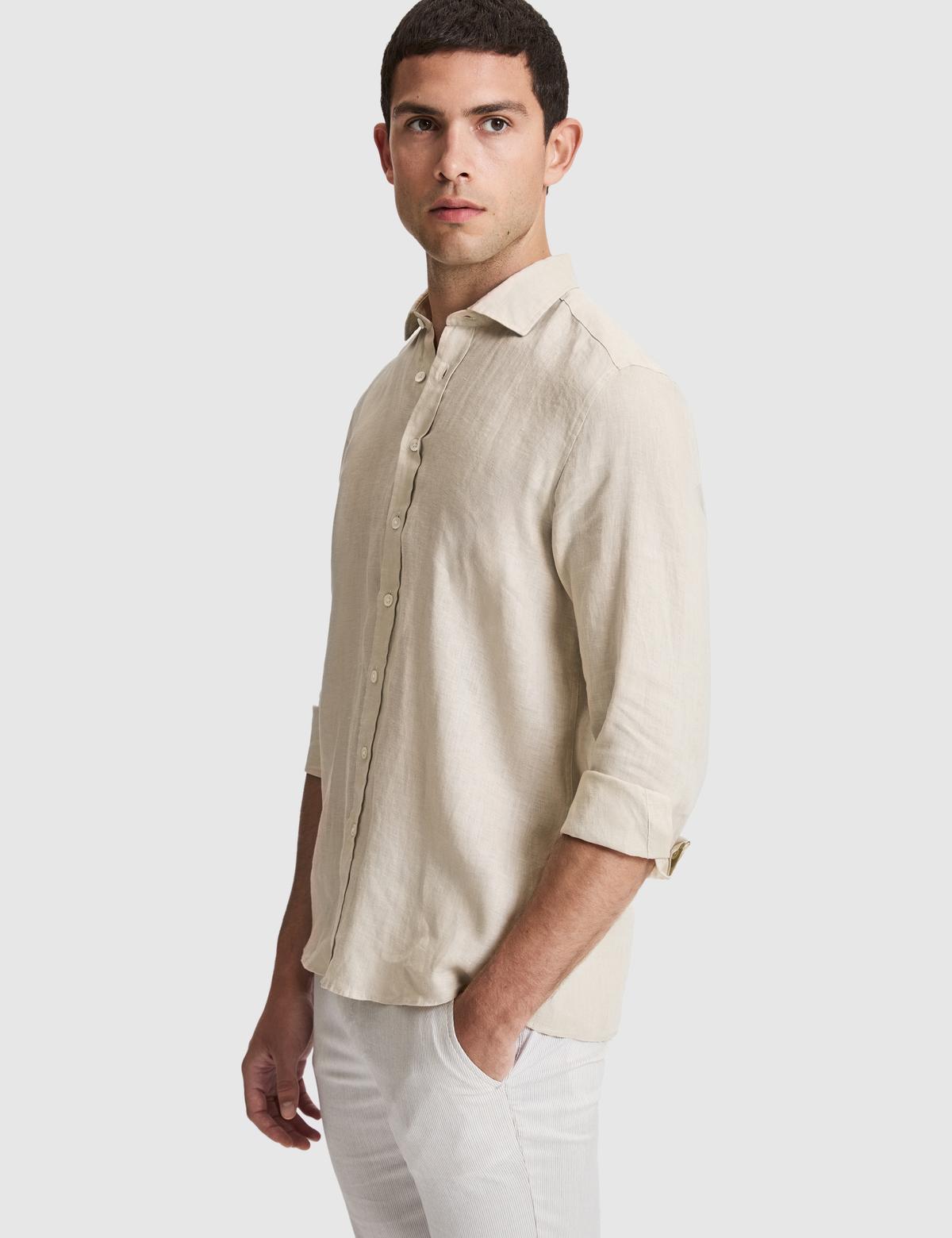 Bej %100 Keten Regular Fit Uzunkollu Gömlek - 50320945016
