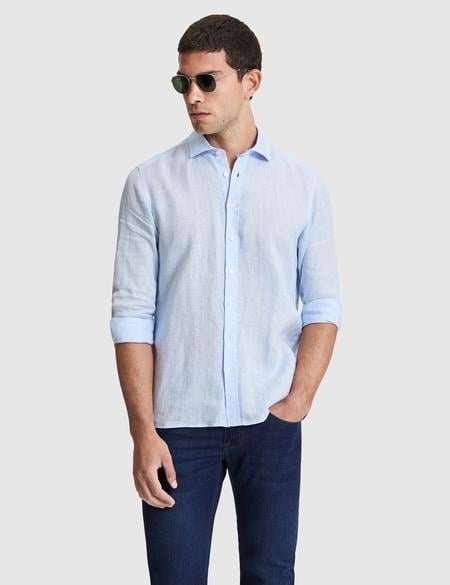 Açık Mavi %100 Keten Regular Fit Uzunkollu Gömlek - 50320945147