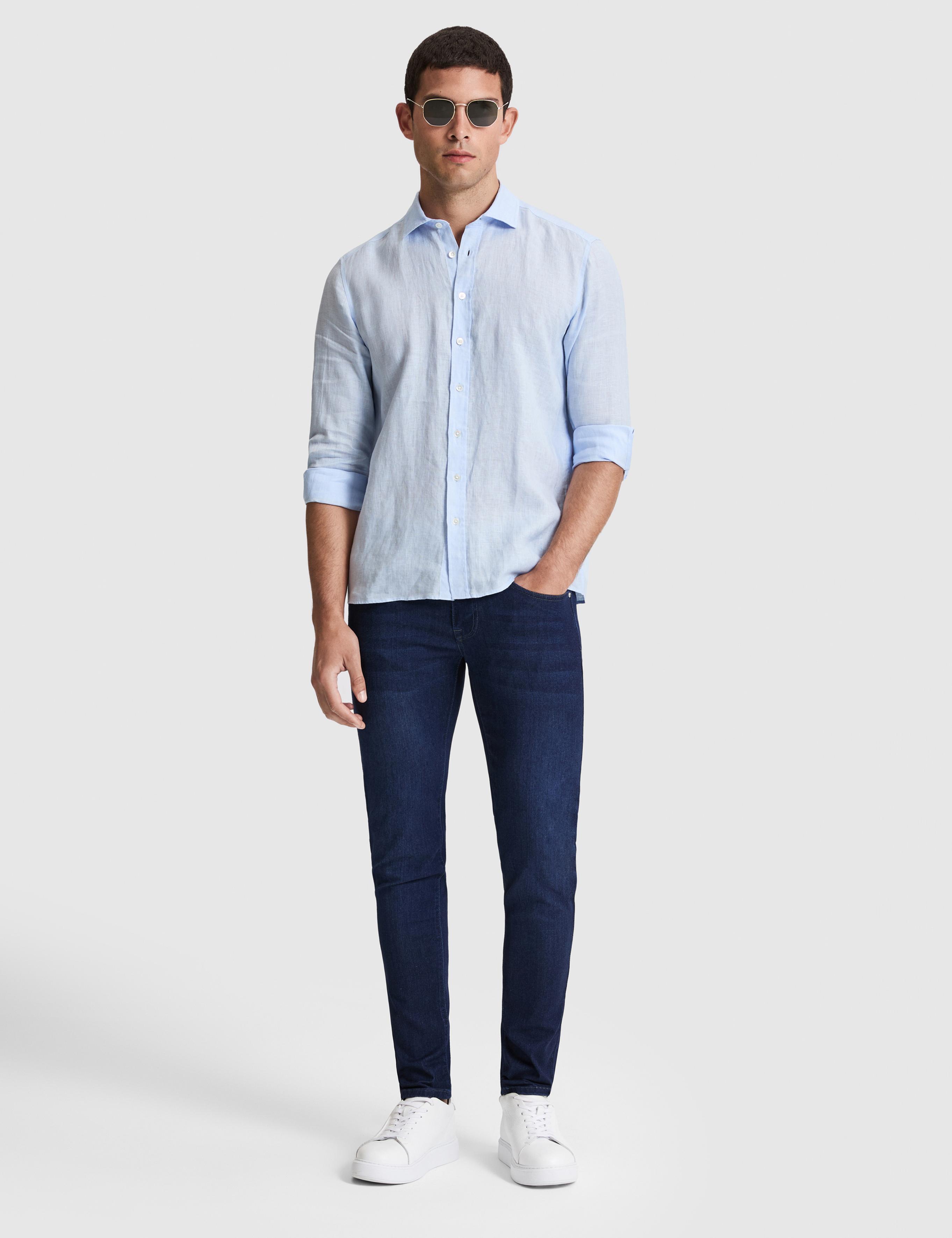 Açık Mavi %100 Keten Regular Fit Uzunkollu Gömlek