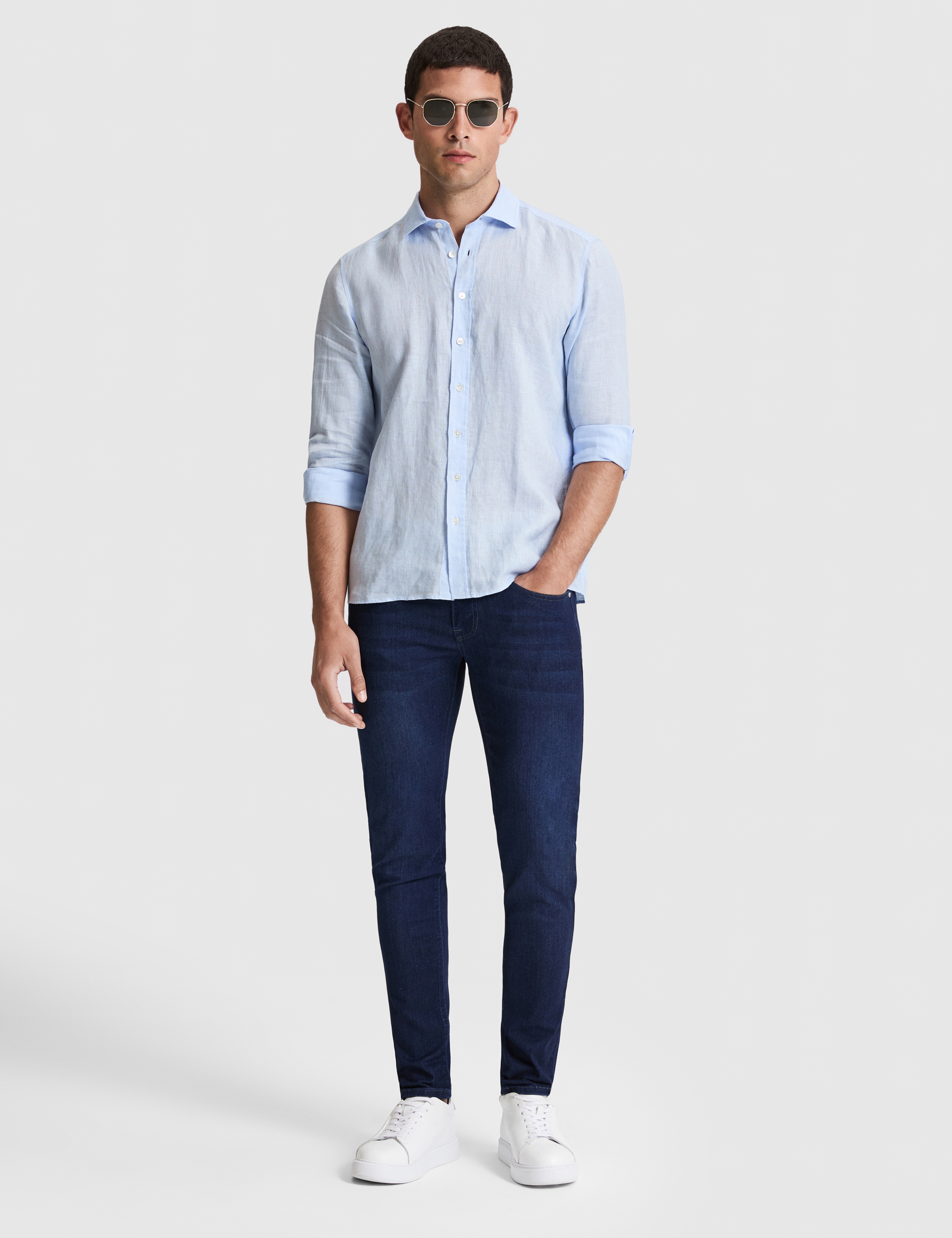 Açık Mavi %100 Keten Regular Fit Uzunkollu Gömlek - Image 4