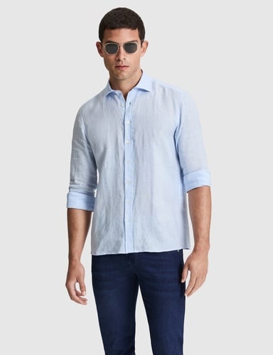 Açık Mavi %100 Keten Regular Fit Uzunkollu Gömlek