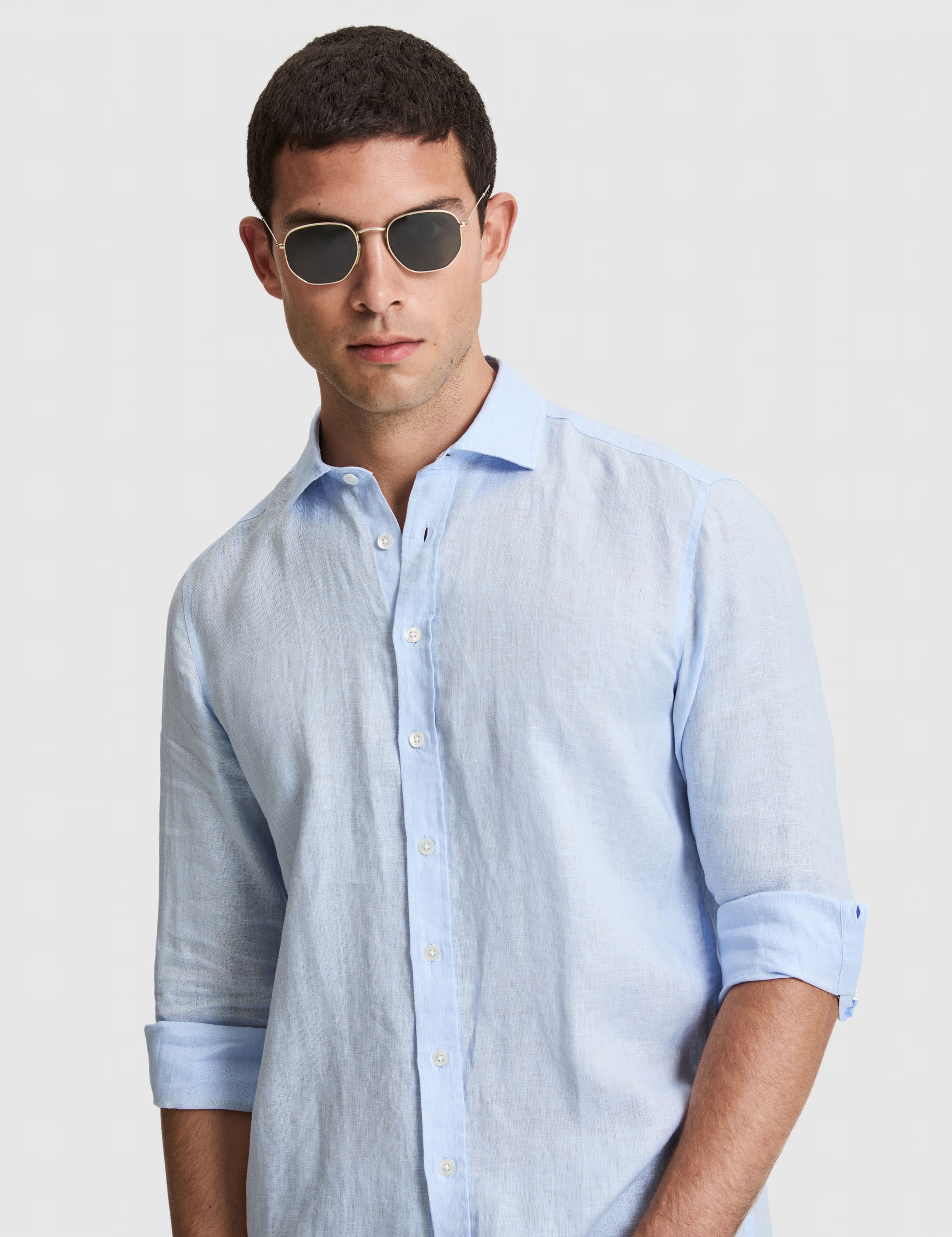 Açık Mavi %100 Keten Regular Fit Uzunkollu Gömlek - Image 2