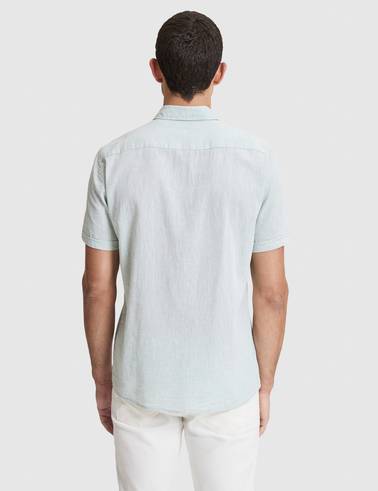 Su Yeşili Keten Karışımlı Regular Fit Kısa Kollu Gömlek