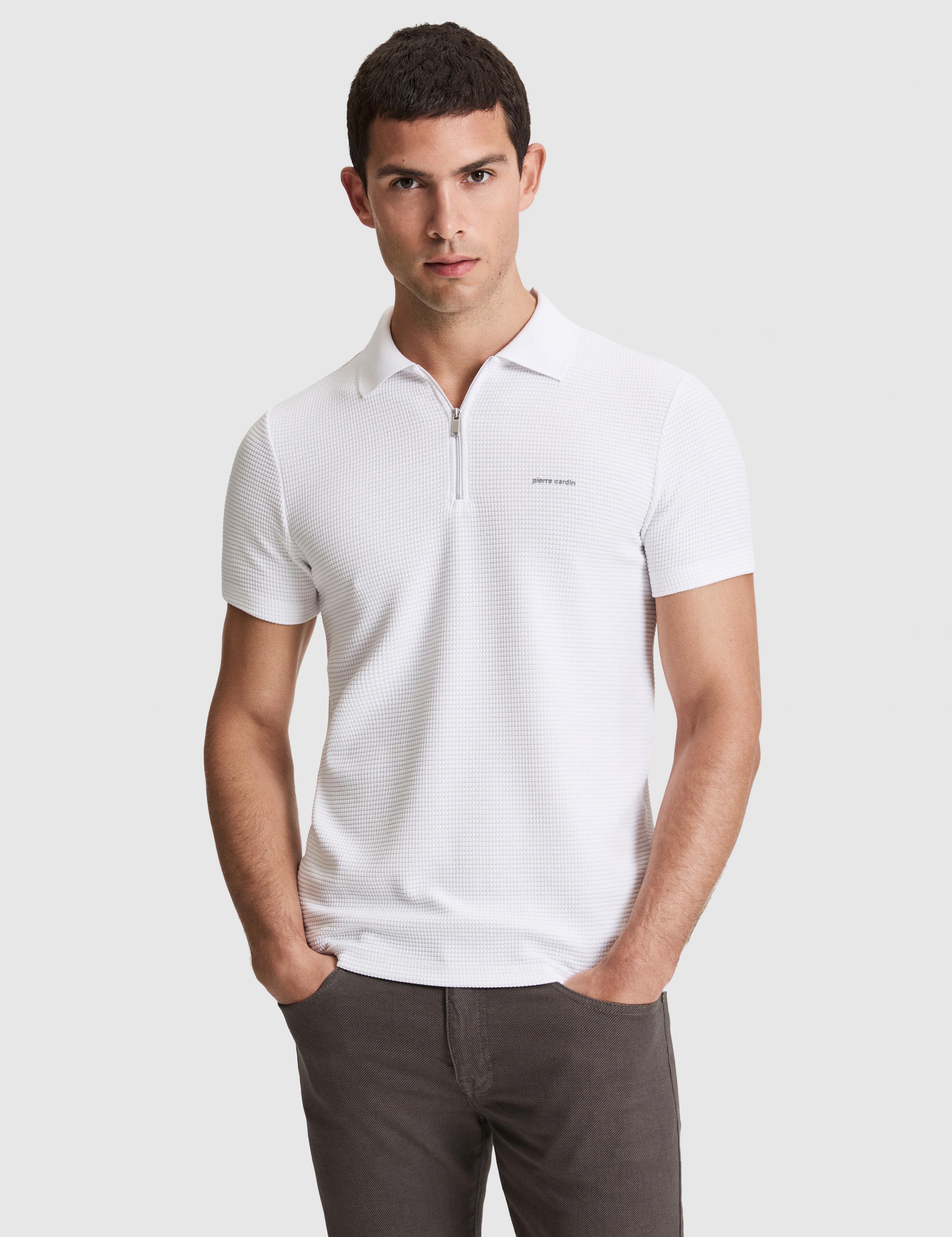 Ekru Slim Fit Fermuarlı Polo Yaka Tişört