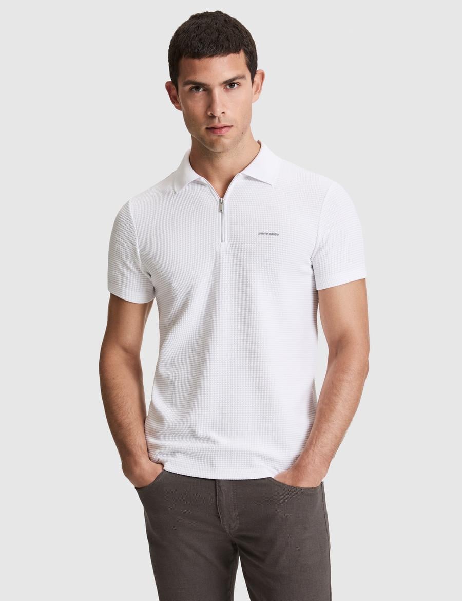 Ekru Slim Fit Fermuarlı Polo Yaka Tişört
