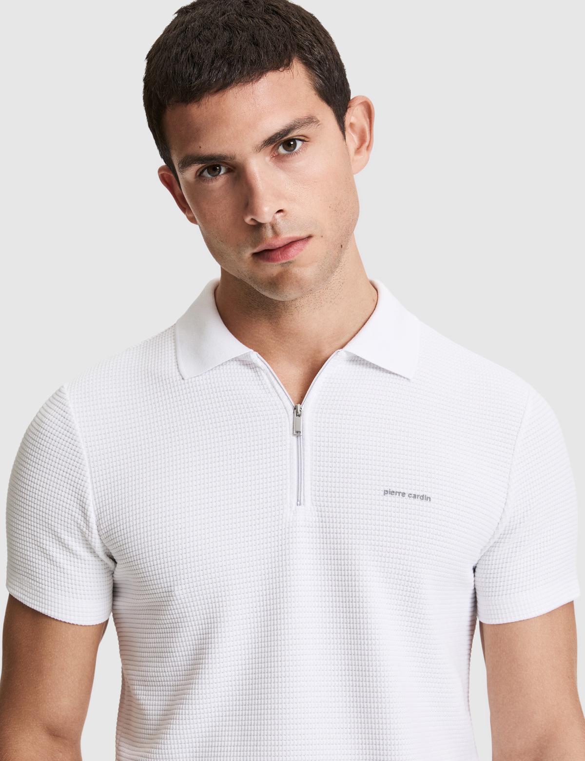 Ekru Slim Fit Fermuarlı Polo Yaka Tişört - 50327860010