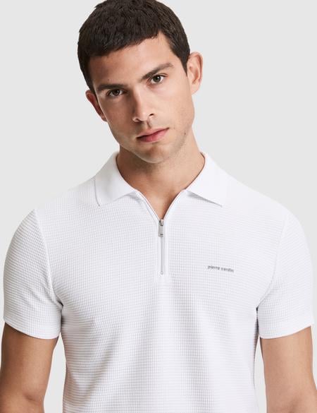 Ekru Slim Fit Fermuarlı Polo Yaka Tişört - 50327860010