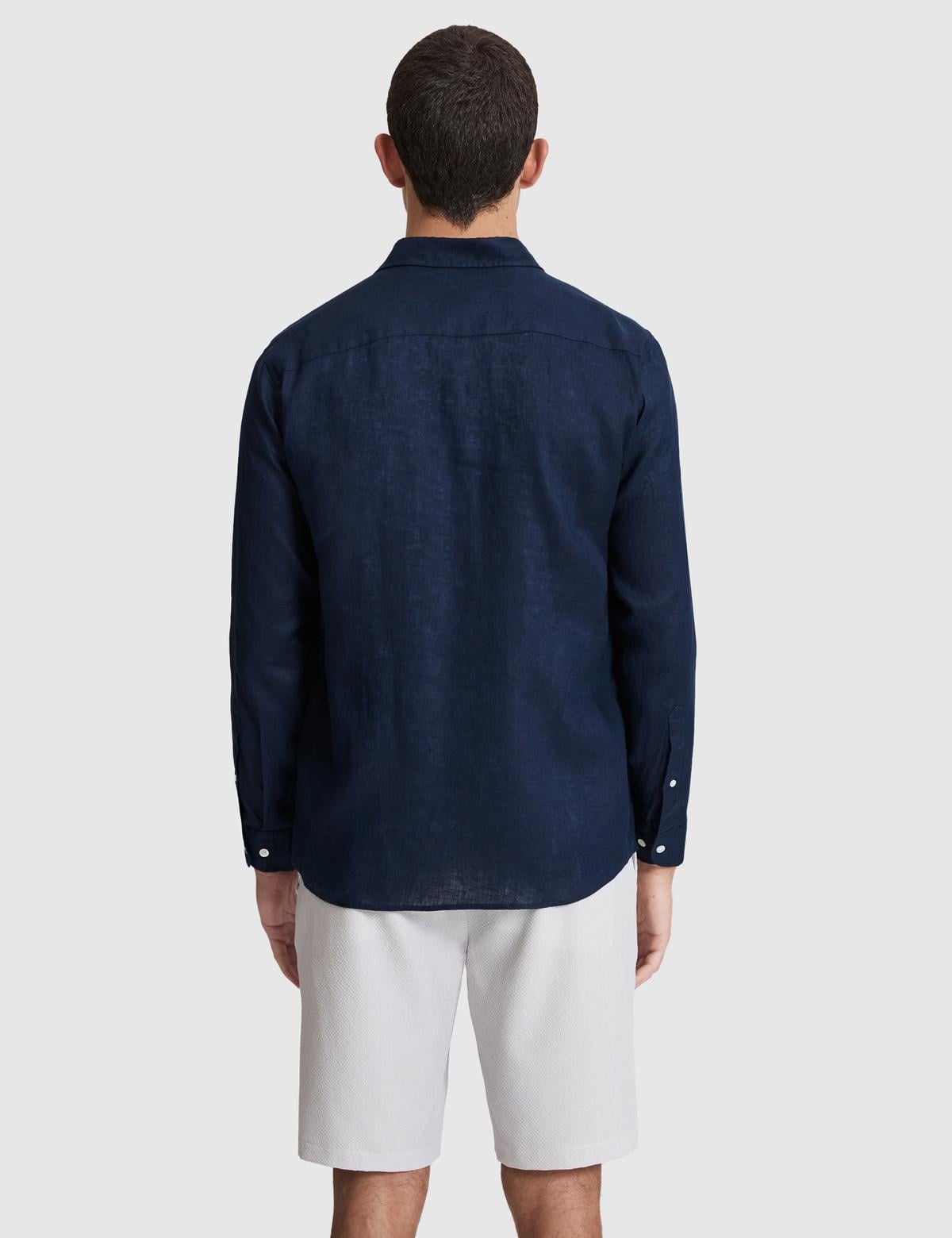 Lacivert Nefes Alan %100 Keten Regular Fit Uzunkollu Gömlek - 50320945053