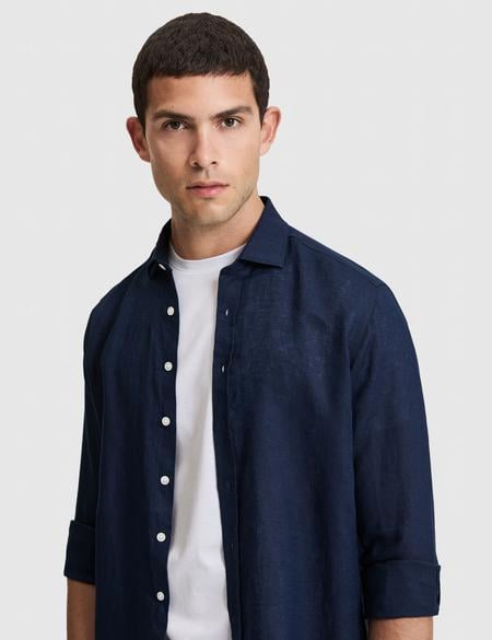 Lacivert Nefes Alan %100 Keten Regular Fit Uzunkollu Gömlek - 50320945053