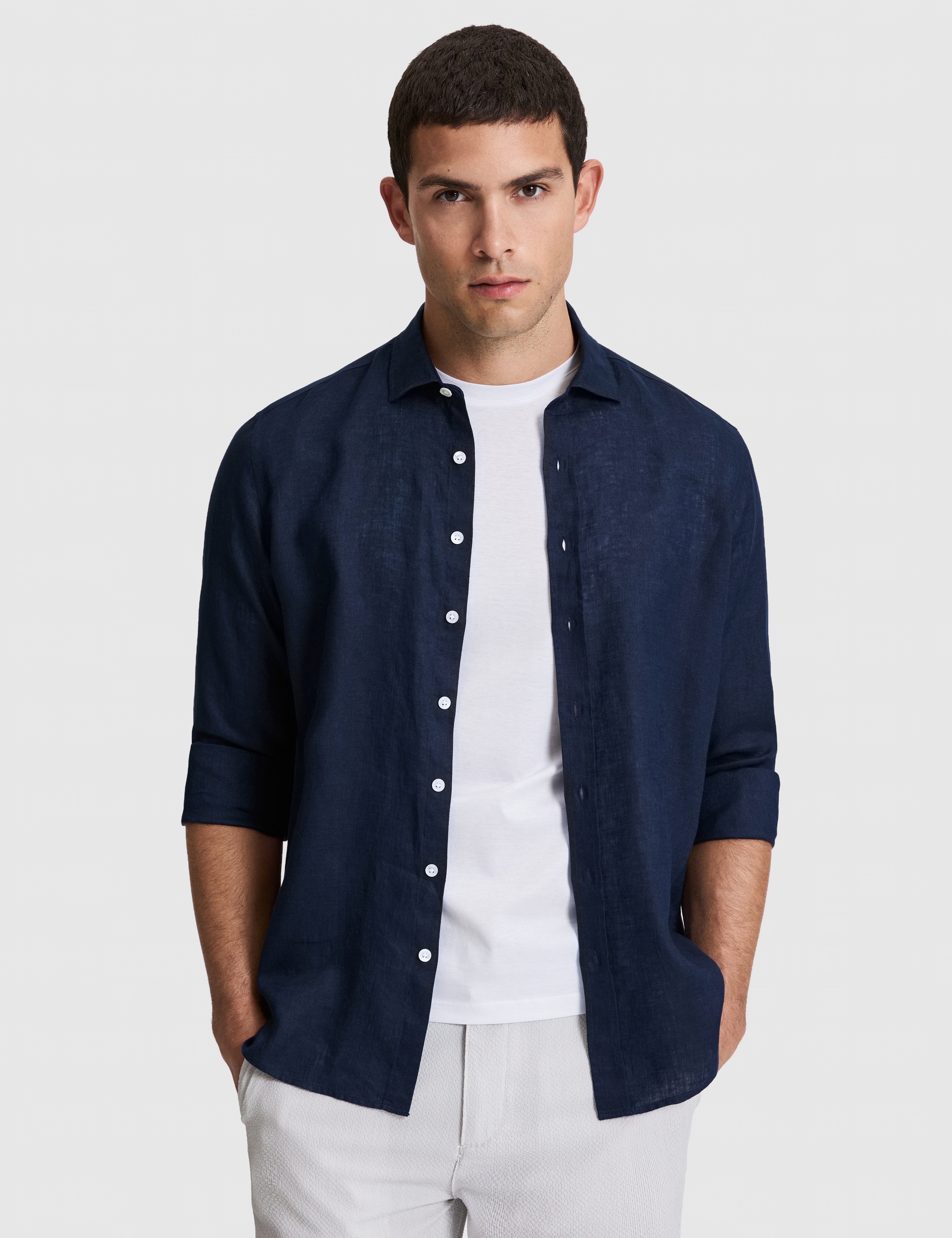 Lacivert Nefes Alan %100 Keten Regular Fit Uzunkollu Gömlek - Image 3
