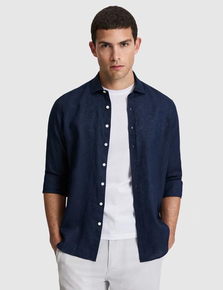 Lacivert Nefes Alan %100 Keten Regular Fit Uzunkollu Gömlek - 50320945053