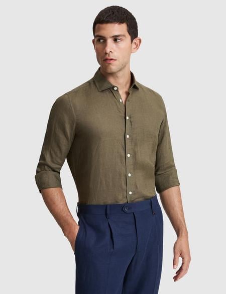 Haki %100 Keten Regular Fit Uzunkollu Gömlek - 50320945037