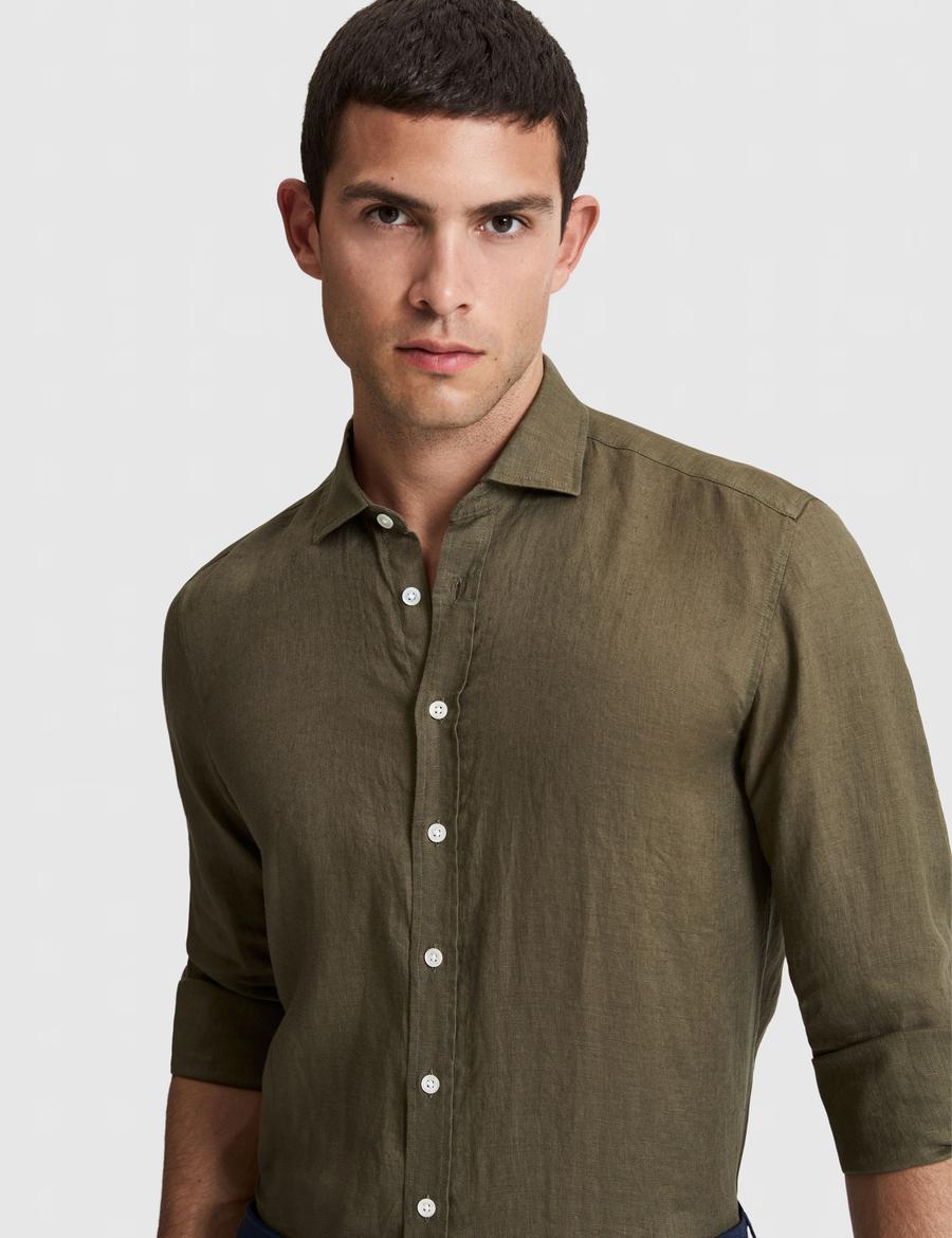 Haki %100 Keten Regular Fit Uzunkollu Gömlek