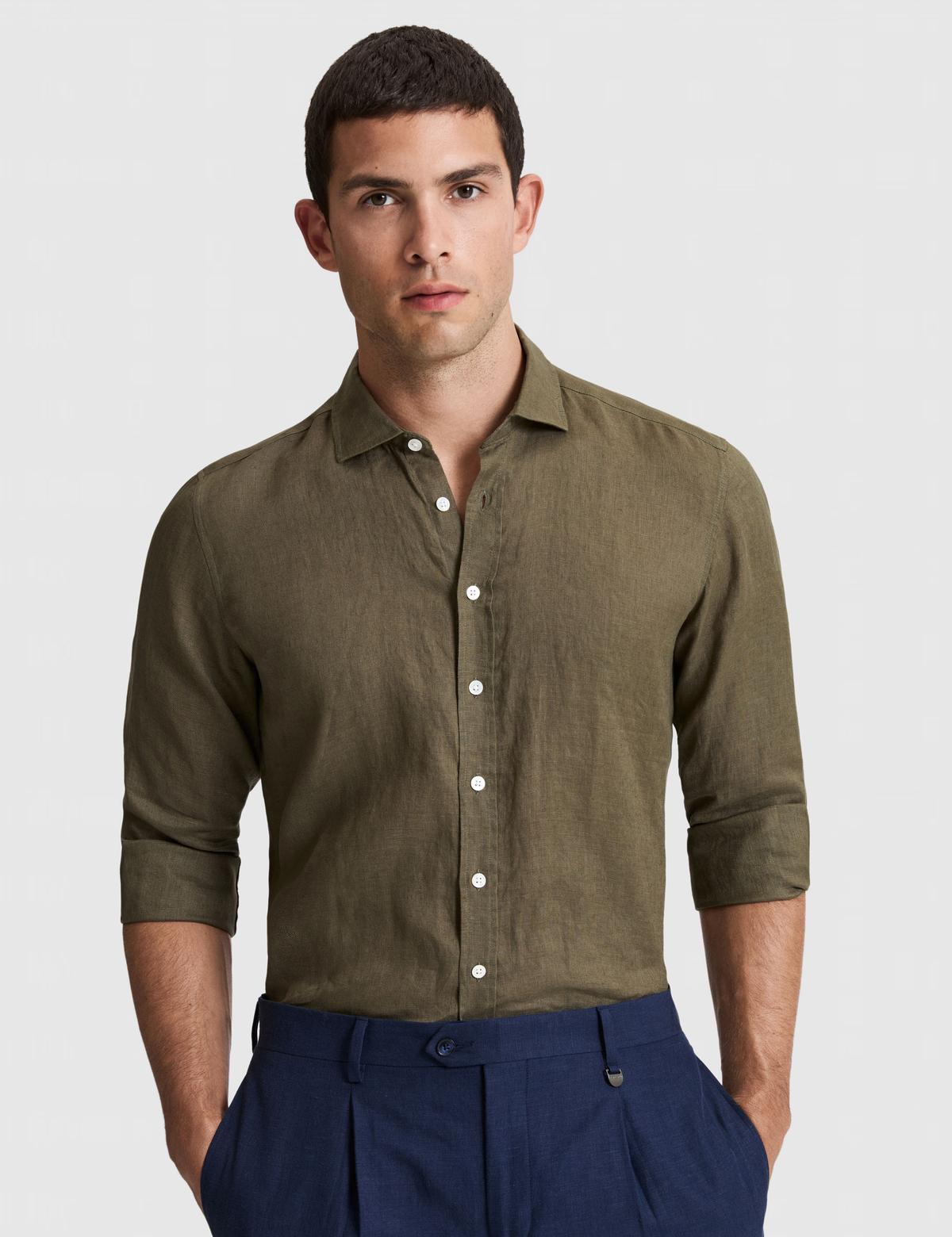 Haki %100 Keten Regular Fit Uzunkollu Gömlek