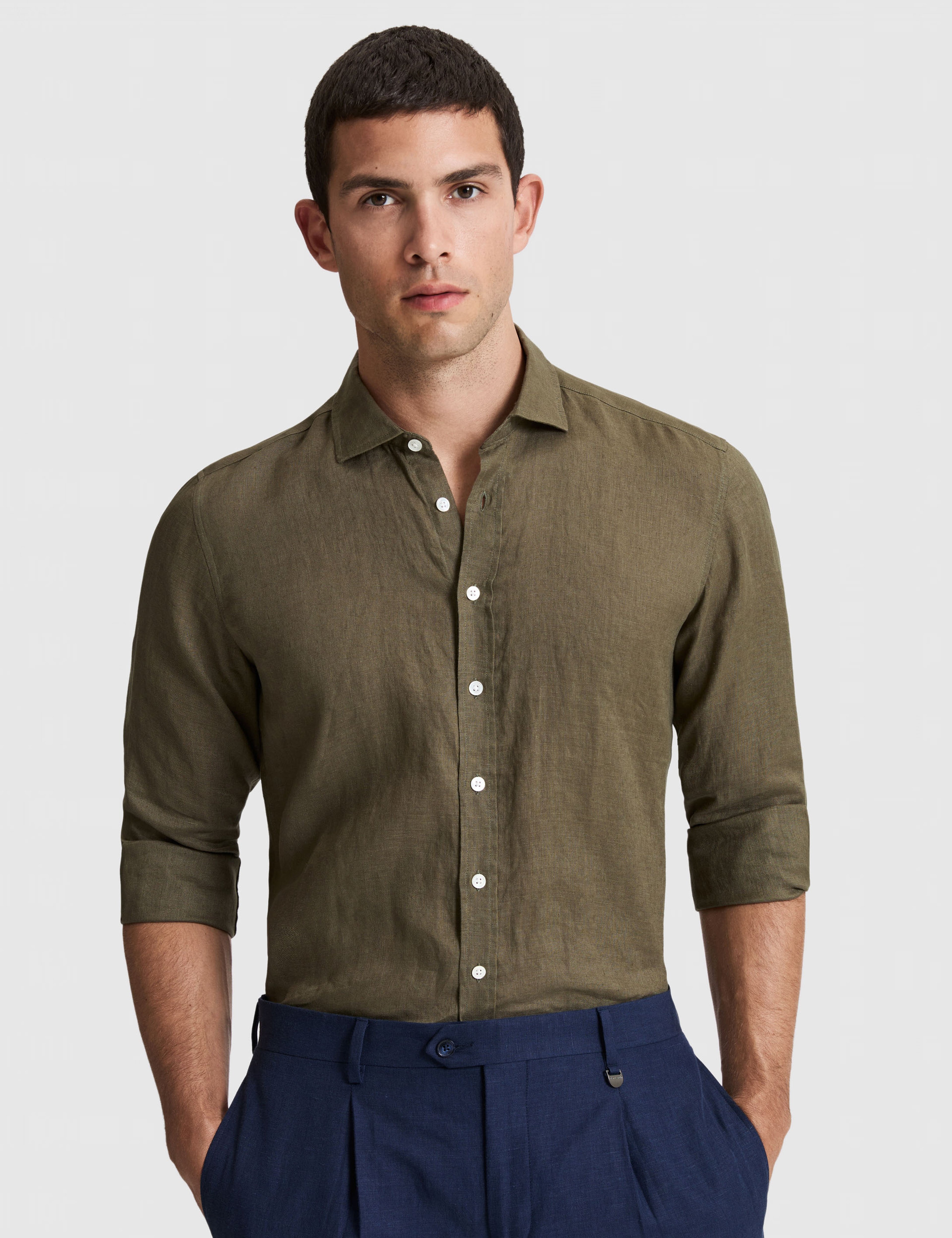 Haki %100 Keten Regular Fit Uzunkollu Gömlek - Image 1