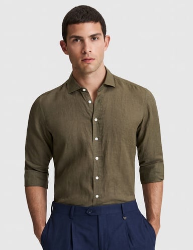 Haki %100 Keten Regular Fit Uzunkollu Gömlek