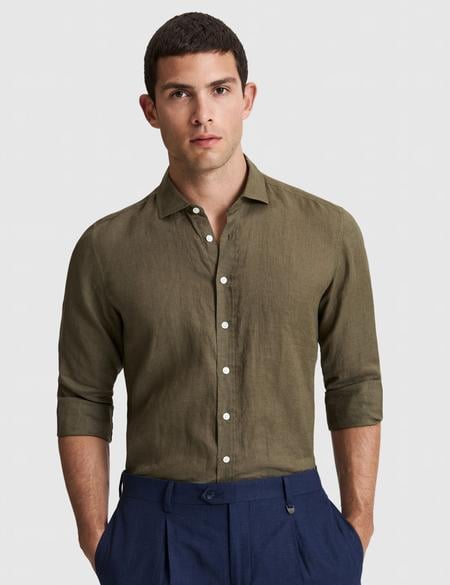 Haki %100 Keten Regular Fit Uzunkollu Gömlek - 50320945037