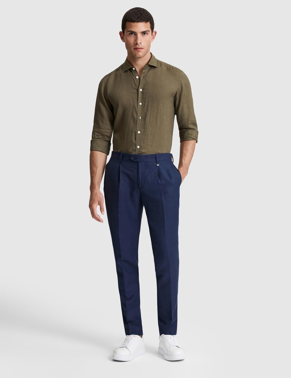 Haki %100 Keten Regular Fit Uzunkollu Gömlek - 50320945037