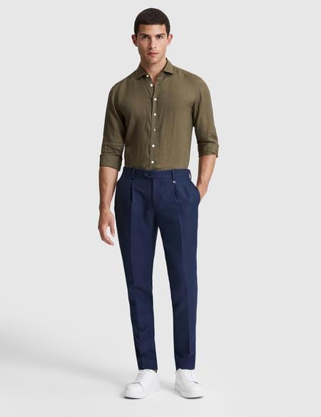 Haki %100 Keten Regular Fit Uzunkollu Gömlek - 50320945037