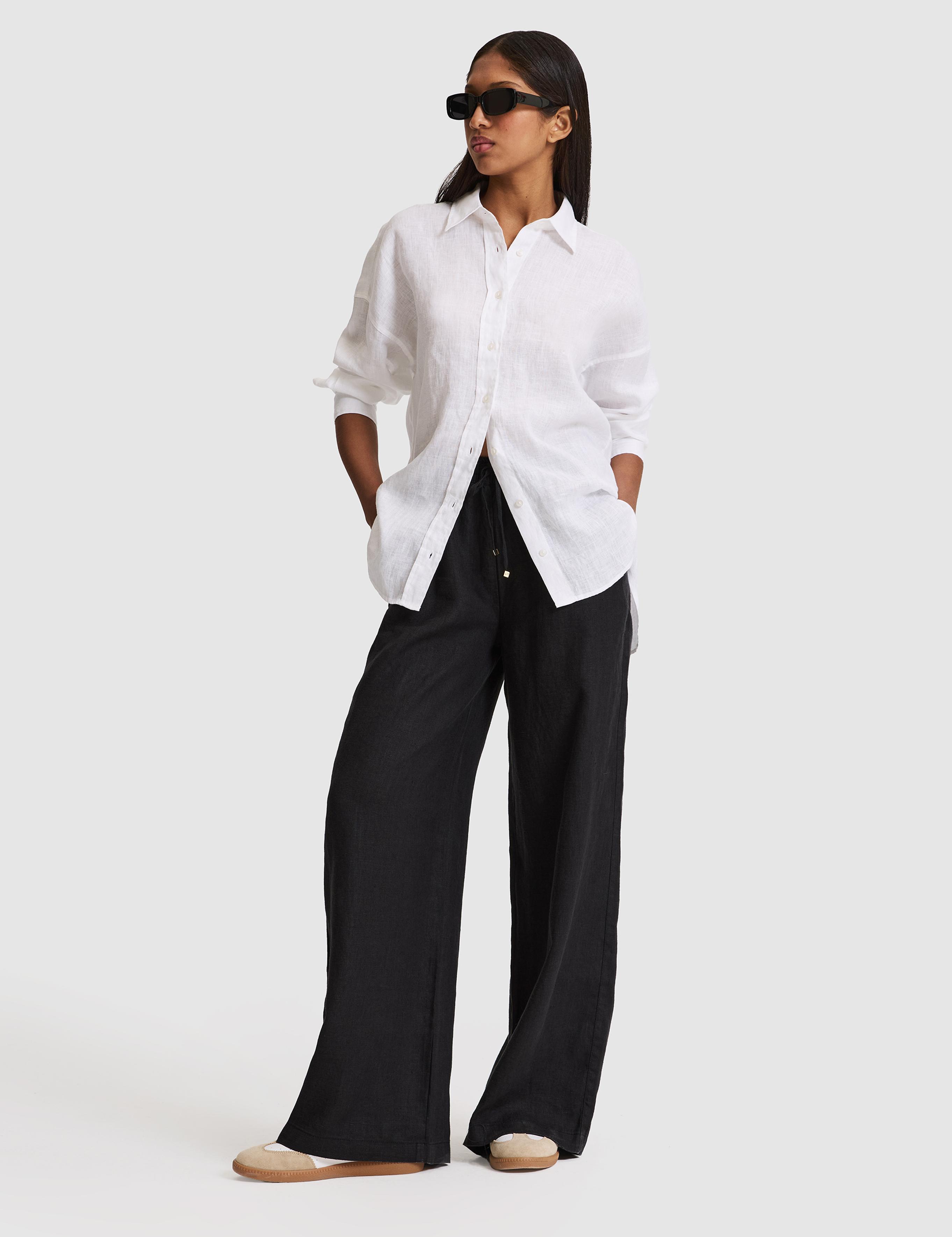 Siyah Loose Fit Keten Pantolon