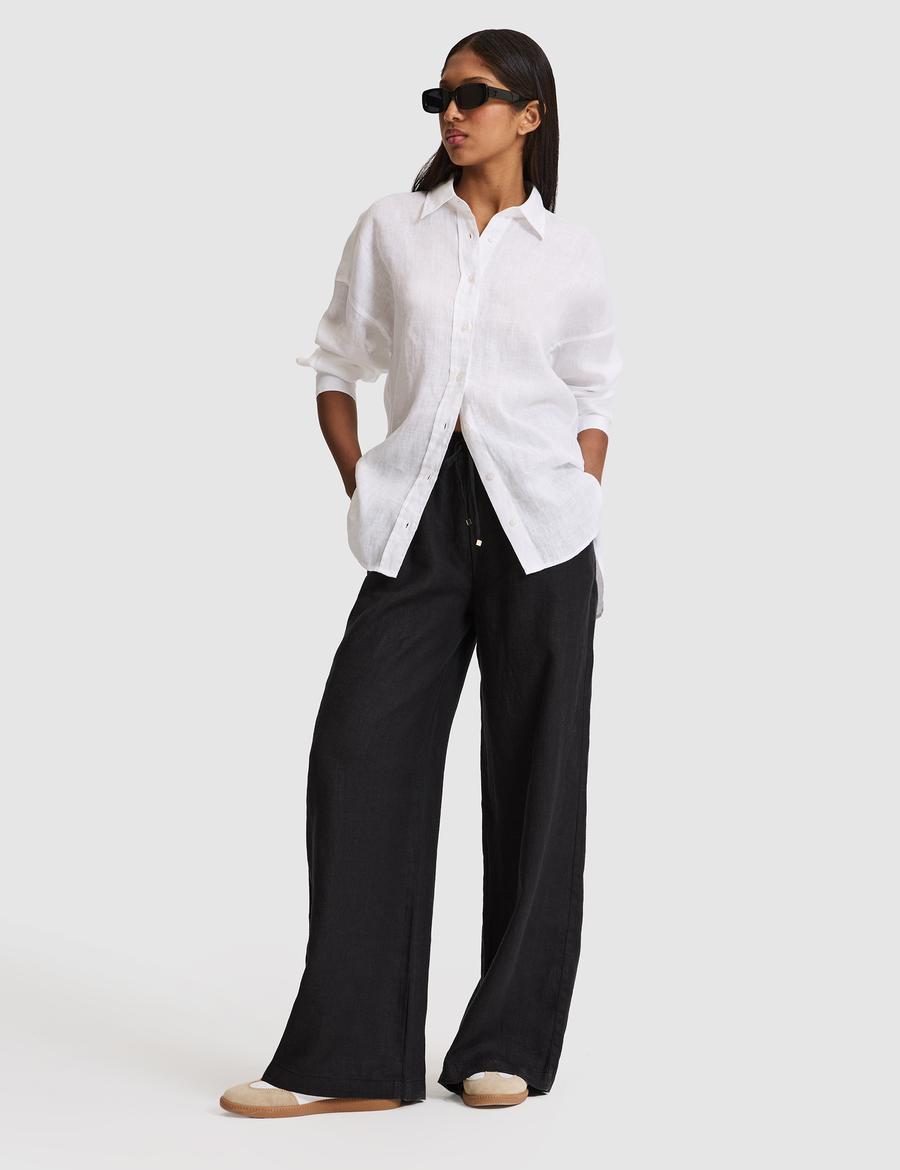 Siyah Loose Fit Keten Pantolon