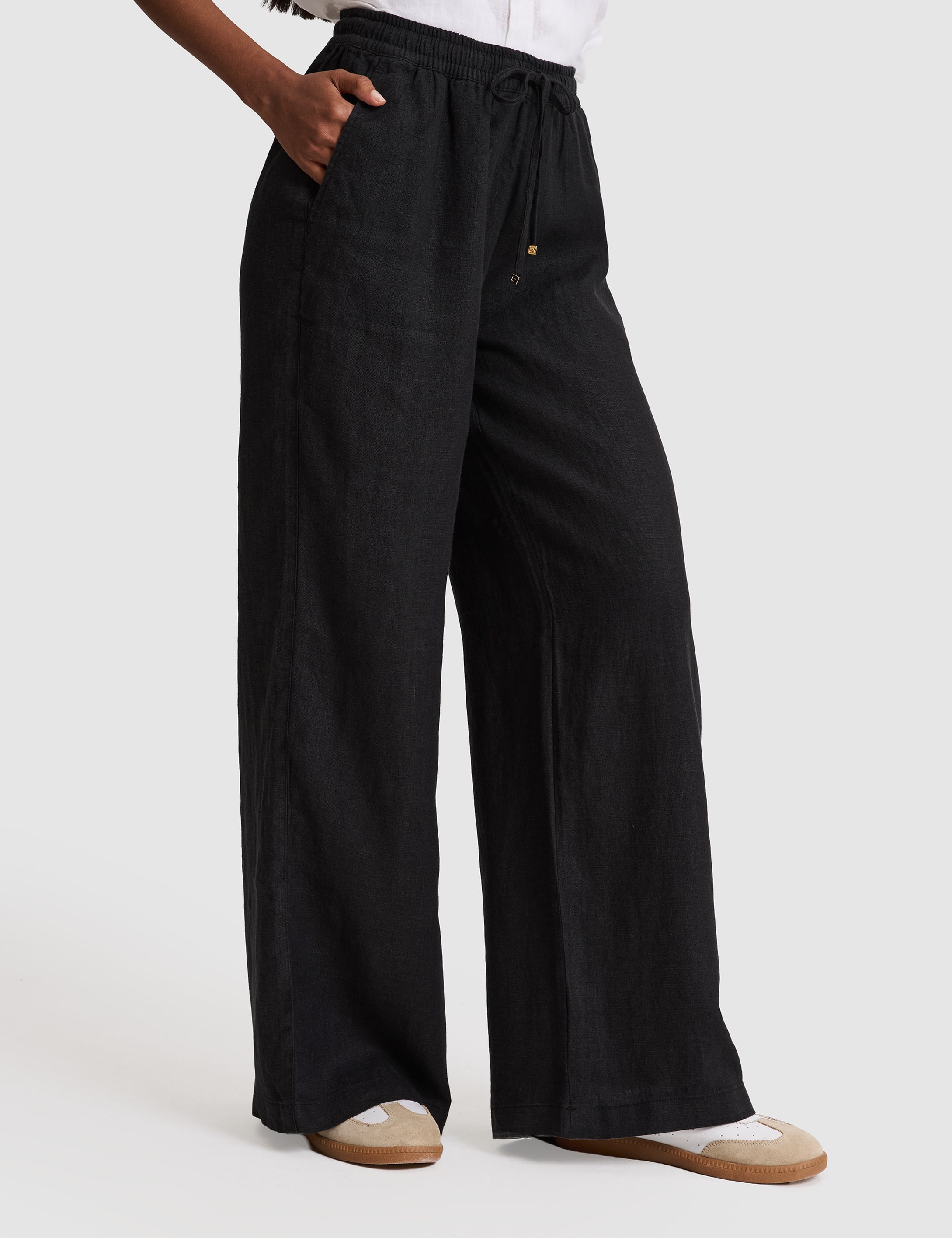 Siyah Loose Fit Keten Pantolon - 50321294029