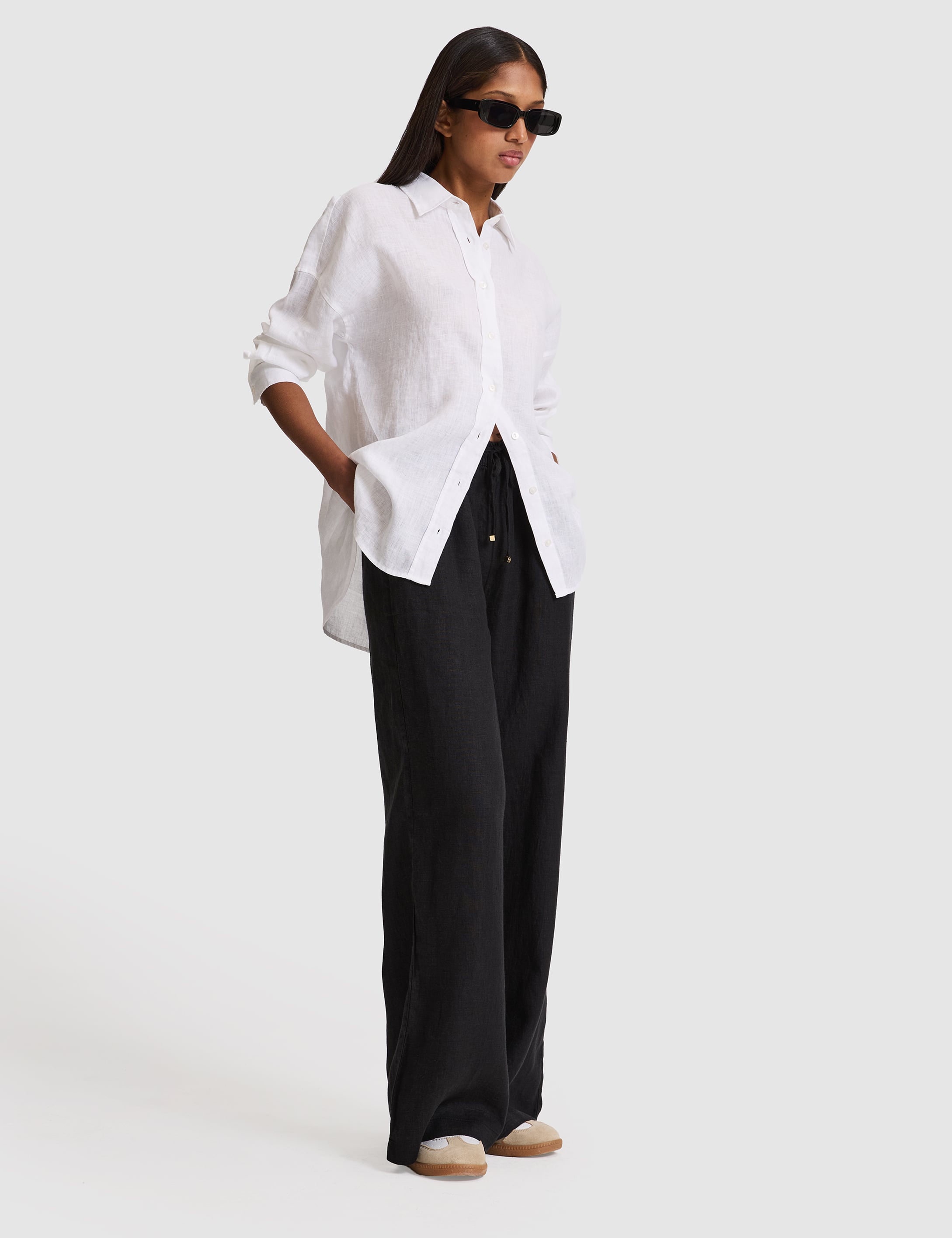 Siyah Loose Fit Keten Pantolon - 50321294029