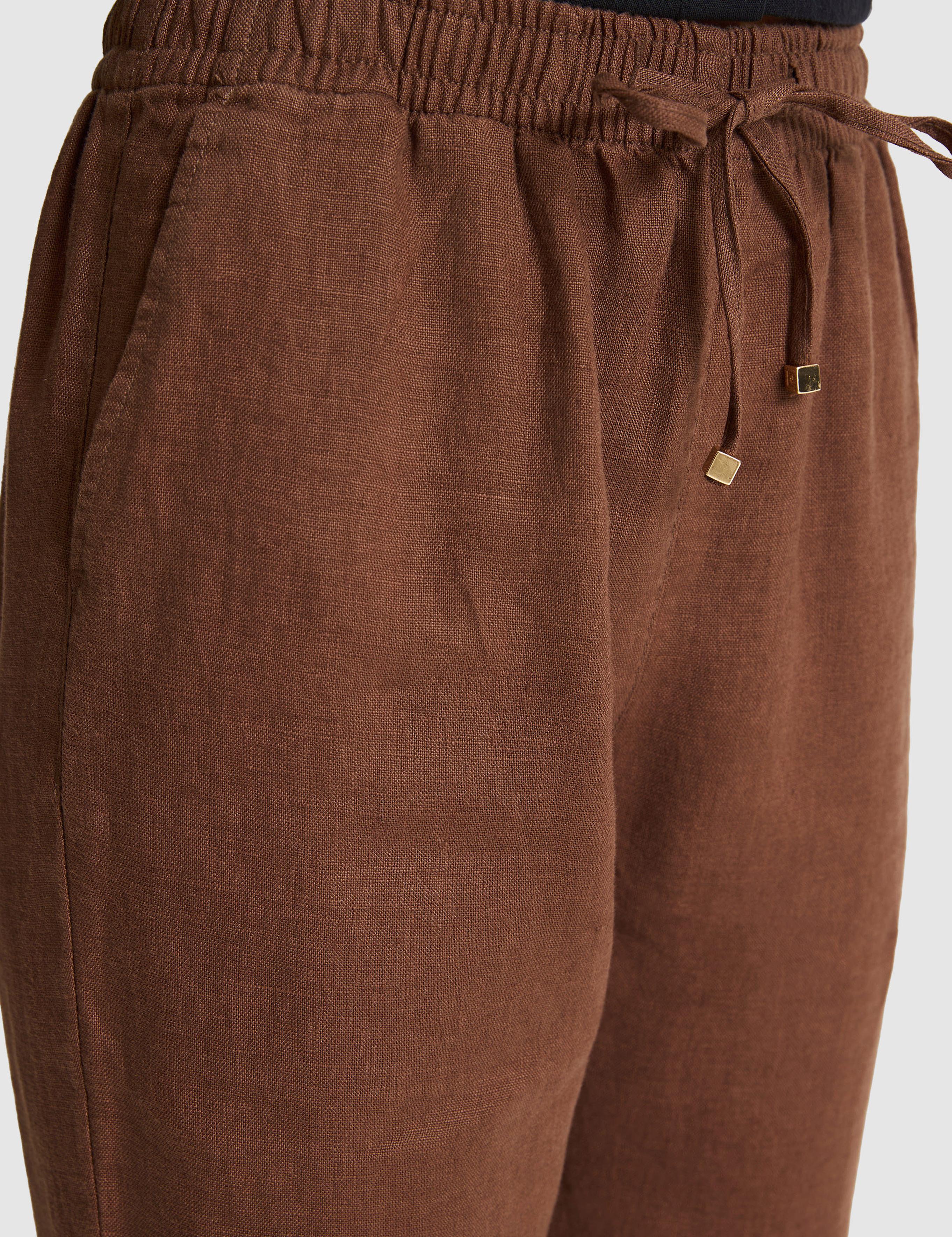 Kahverengi Carrot Fit %100 Keten Pantolon