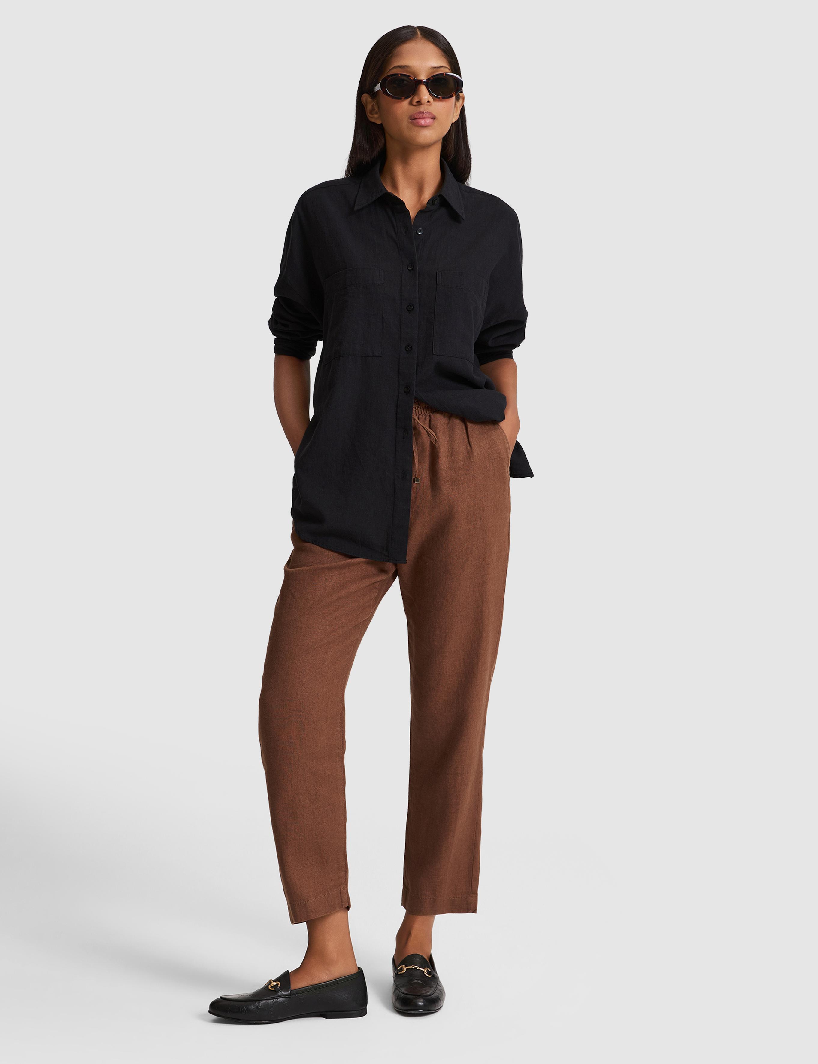 Kahverengi Carrot Fit %100 Keten Pantolon