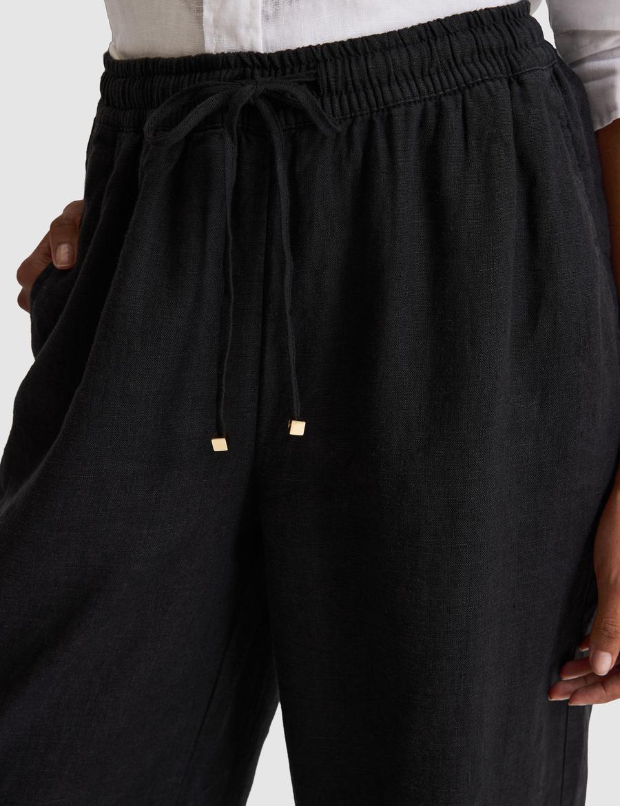 Siyah Loose Fit Keten Pantolon