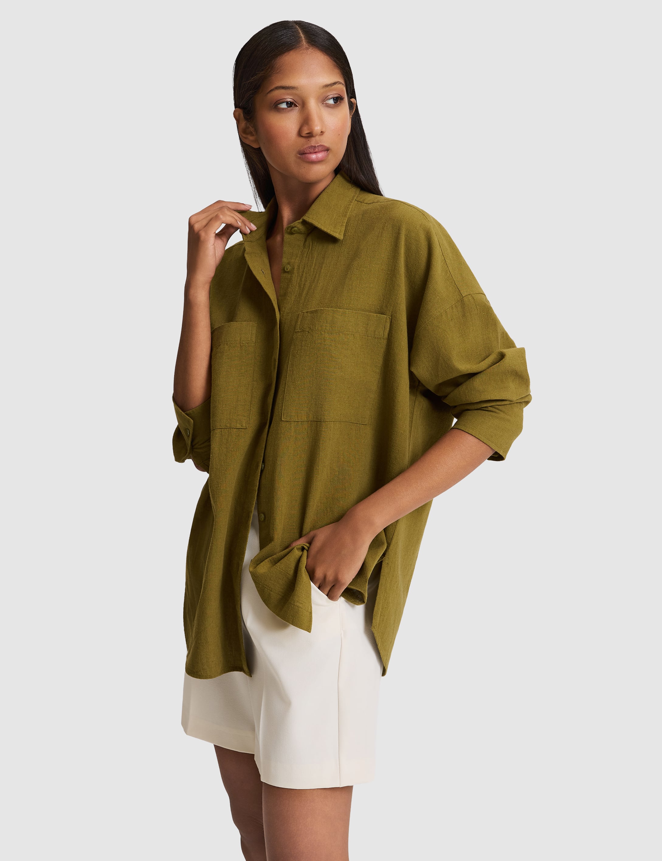 Haki Oversize Uzun Kollu Gömlek - 50328624027
