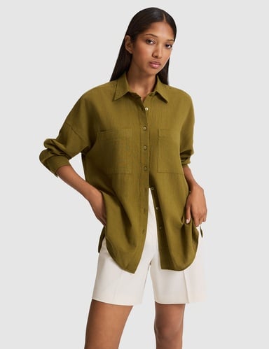 Haki Oversize Keten Karışımlı Gömlek
