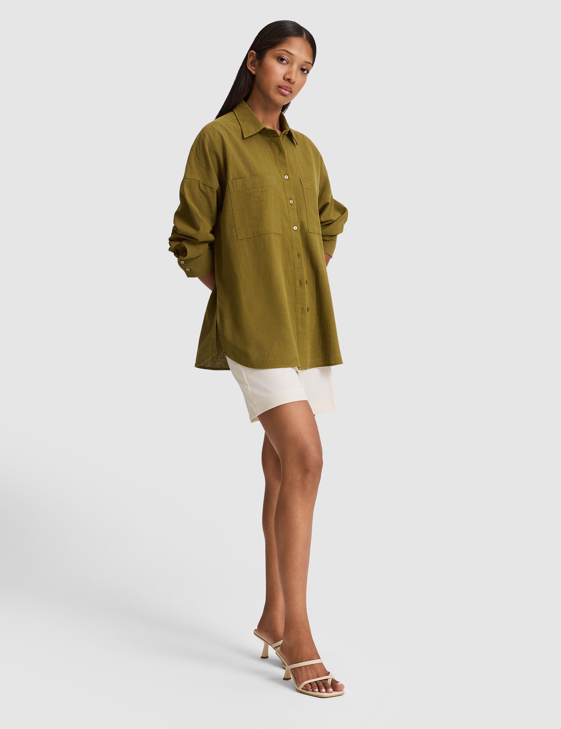 Haki Oversize Uzun Kollu Gömlek - 50328624027