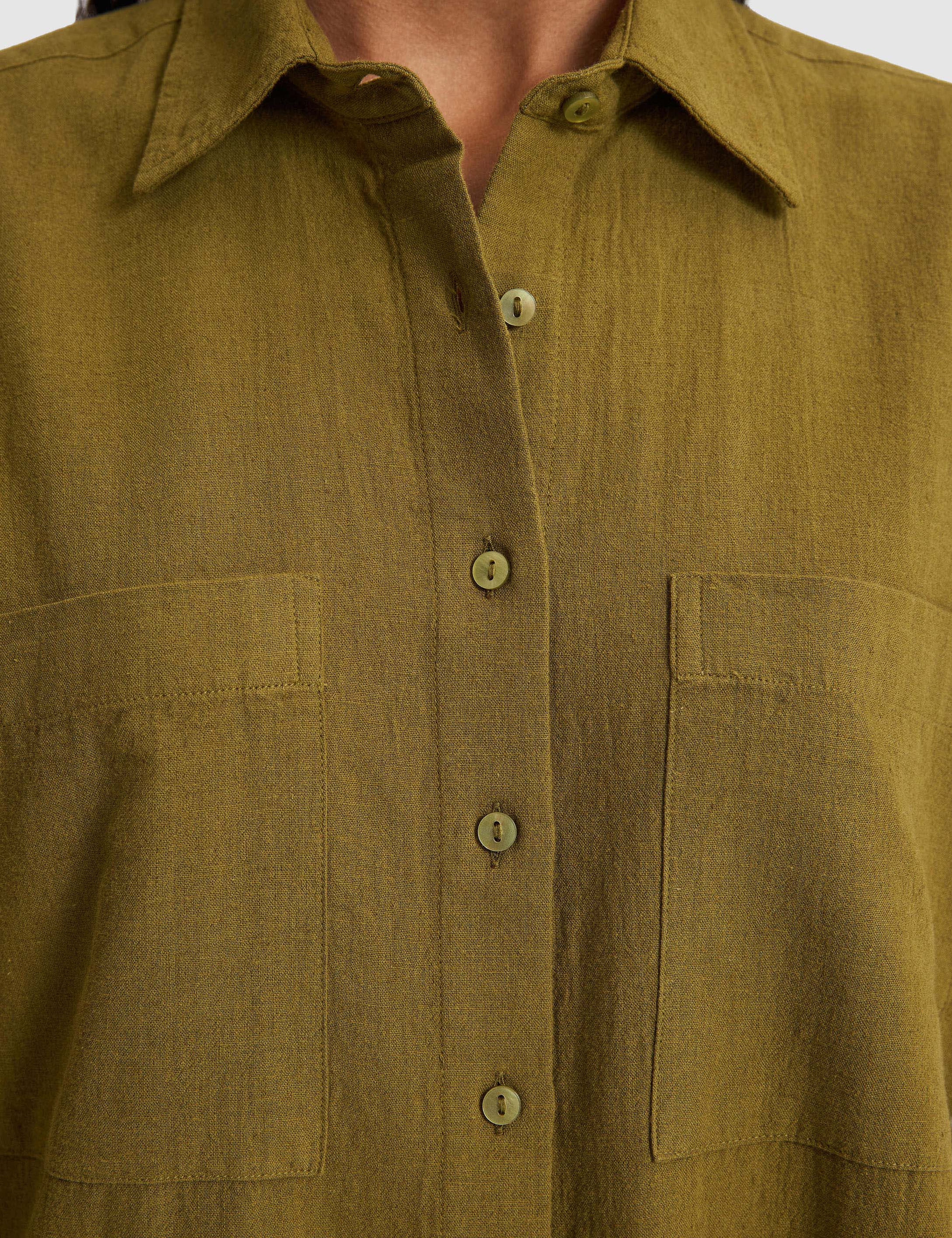 Haki Oversize Keten Karışımlı Gömlek - Image 6
