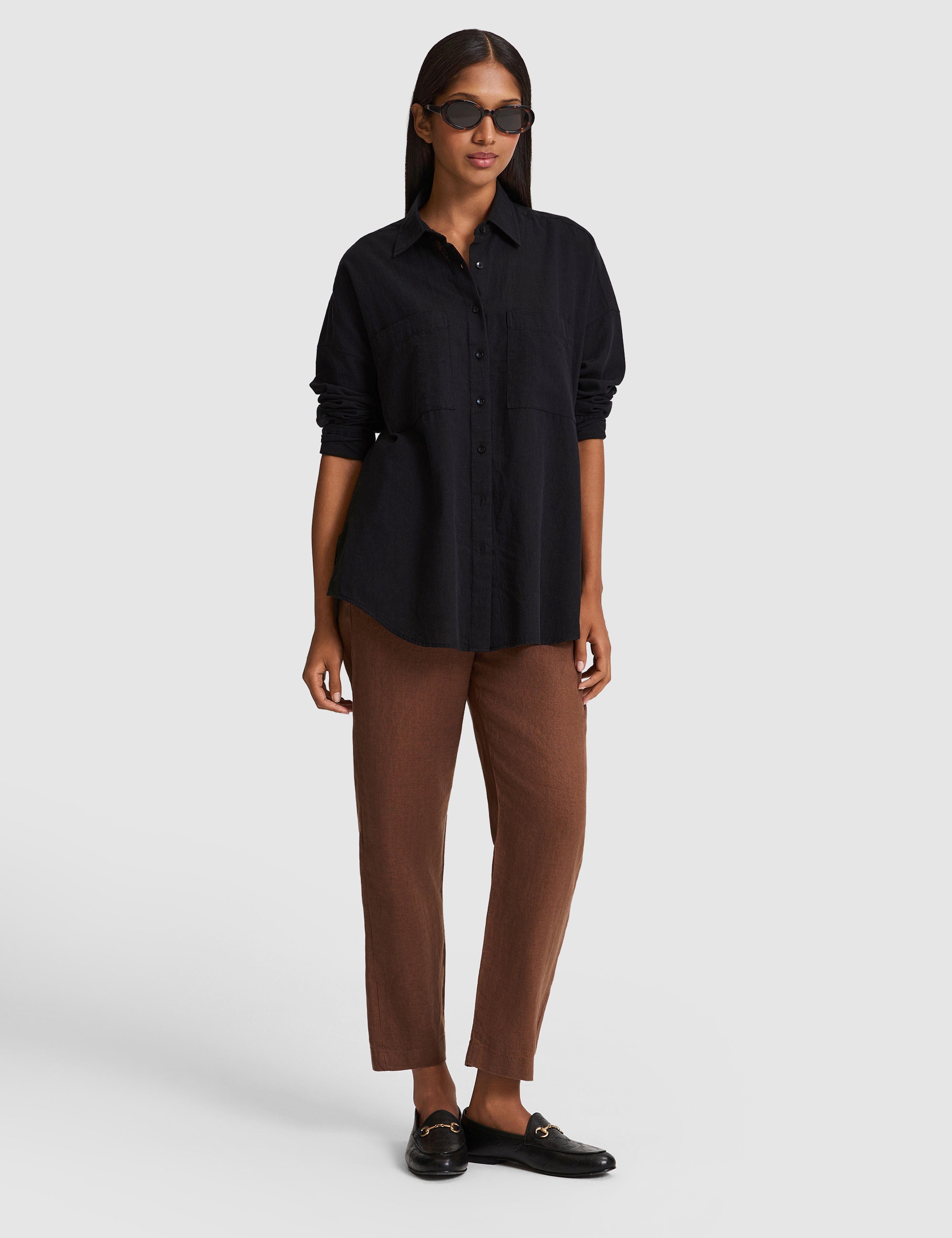 Siyah Oversize Keten Karışımlı Gömlek - Image 5