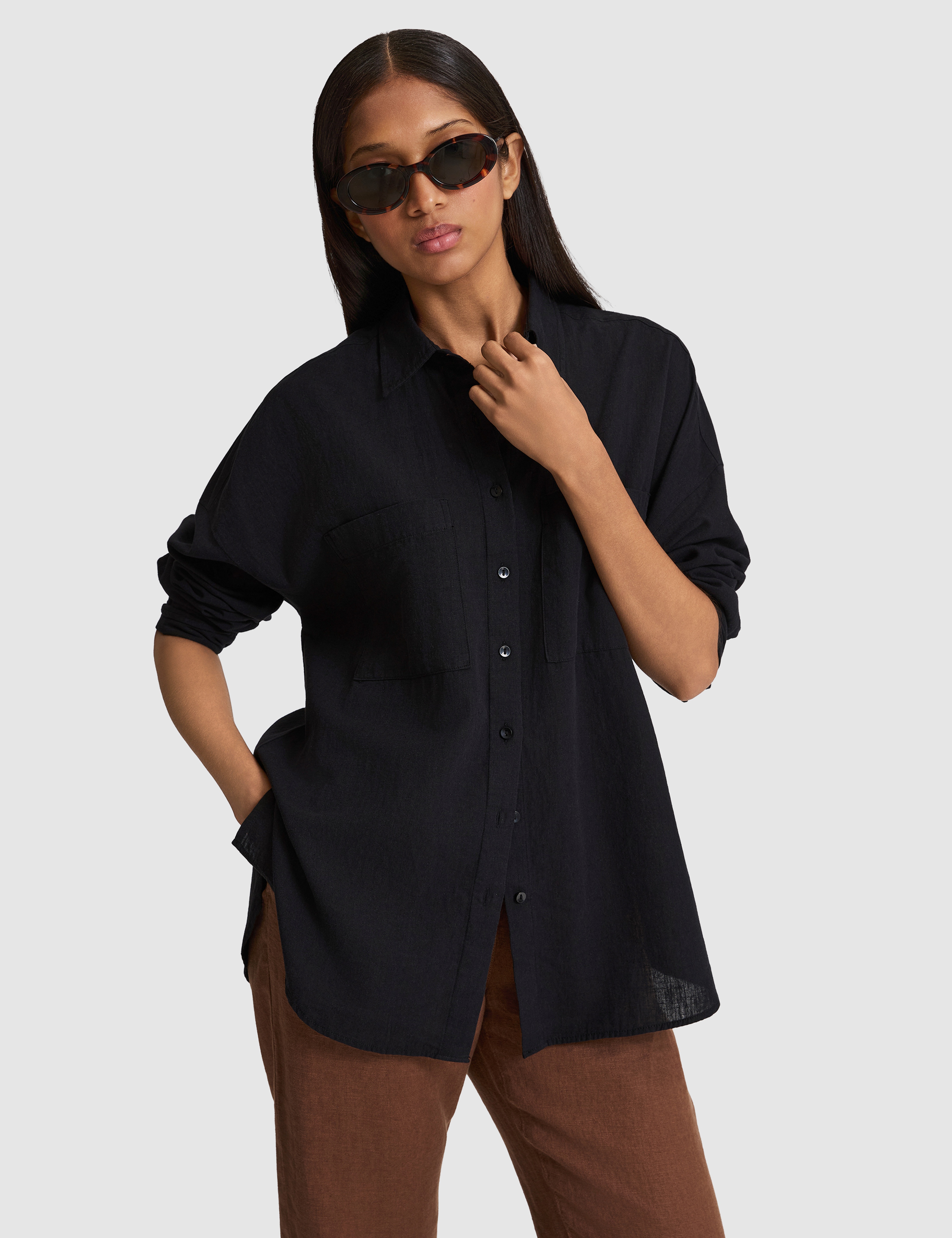 Siyah Oversize Keten Karışımlı Gömlek