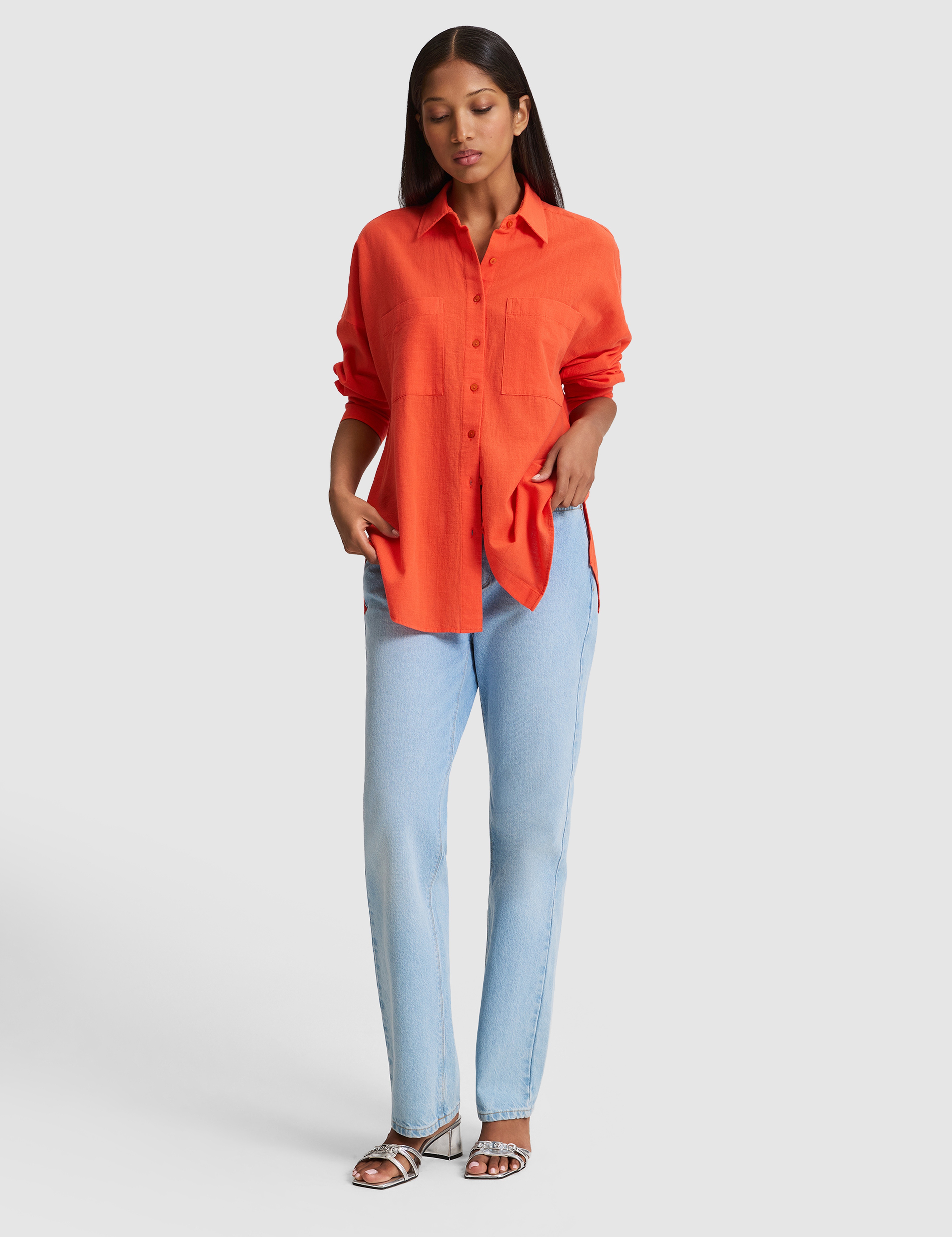 Nar Çiçeği Oversize Keten Karışımlı Gömlek - Image 4