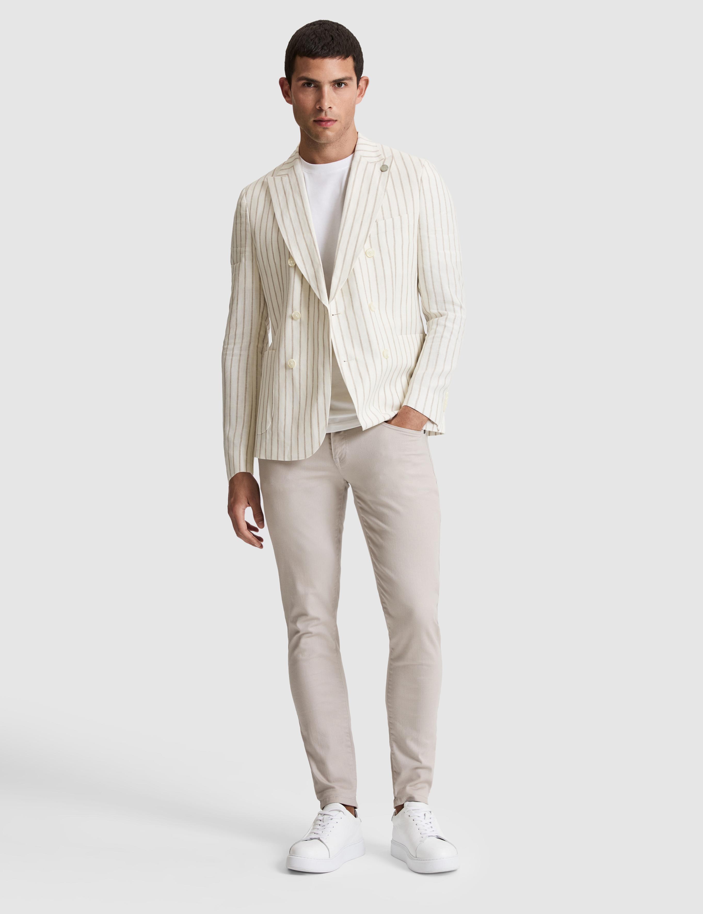 Ekru Slim Fit Çizgili Keten Kruvaze Ceket