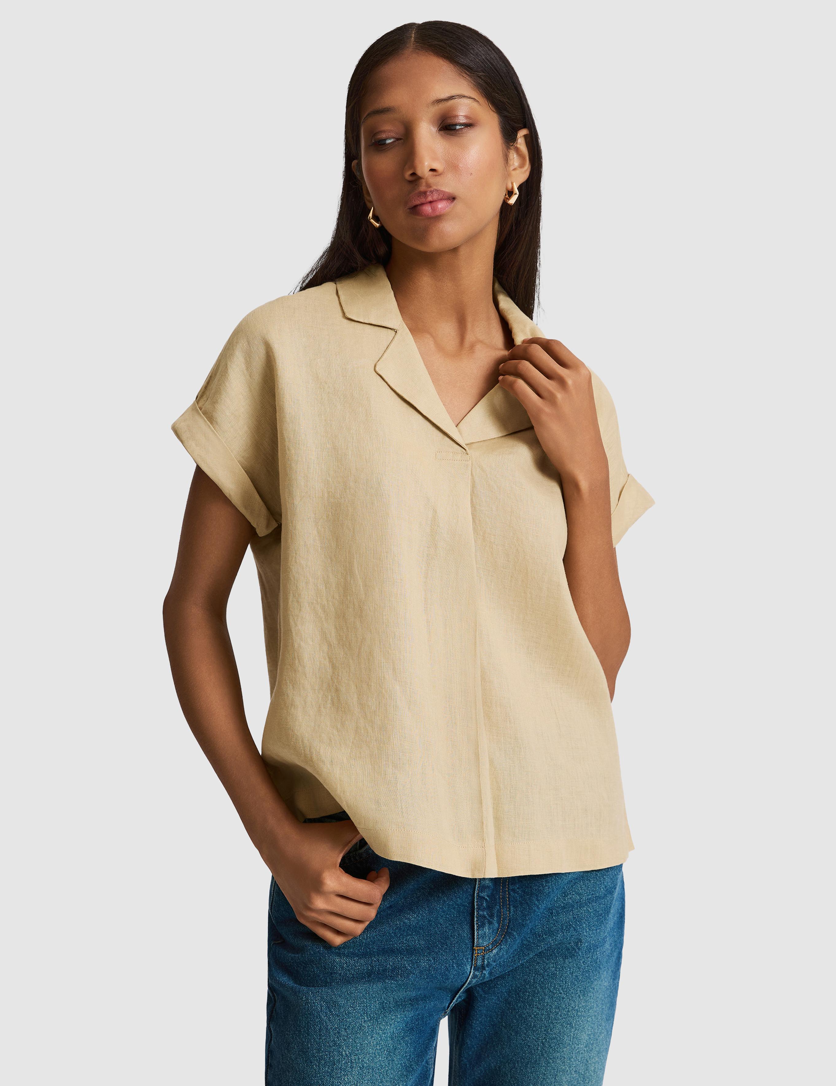 Bej Comfort Fit Kısa Kollu %100 Keten Gömlek