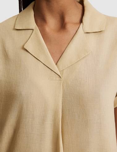 Bej Comfort Fit Kısa Kollu %100 Keten Gömlek