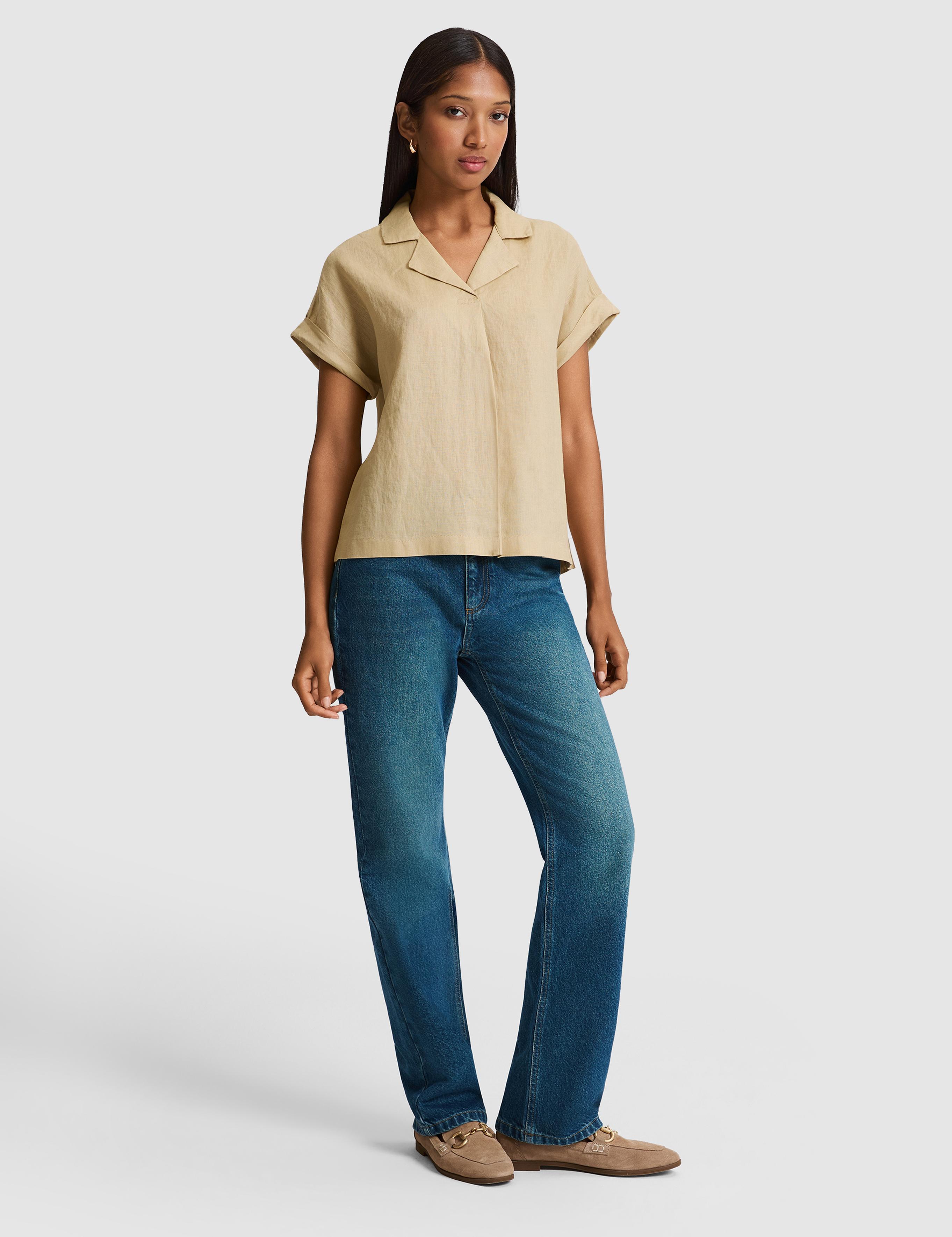 Bej Comfort Fit Kısa Kollu %100 Keten Gömlek