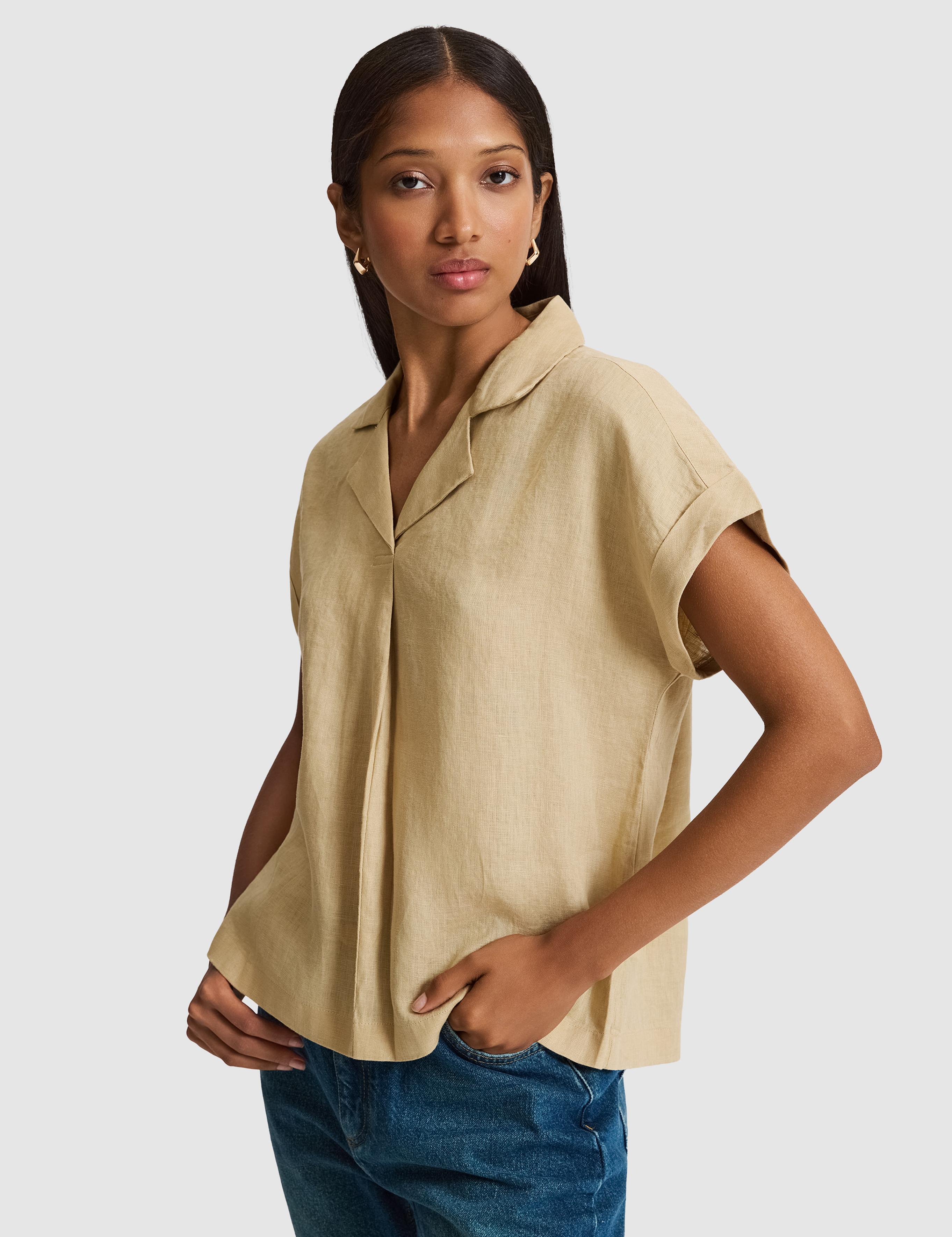 Bej Comfort Fit Kısa Kollu %100 Keten Gömlek