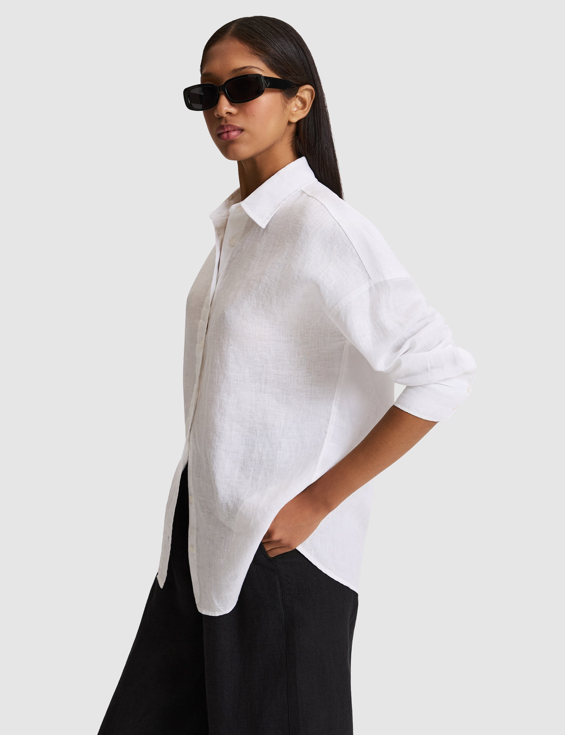 Beyaz Oversize Uzun Kollu %100 Keten Gömlek - 50321208006