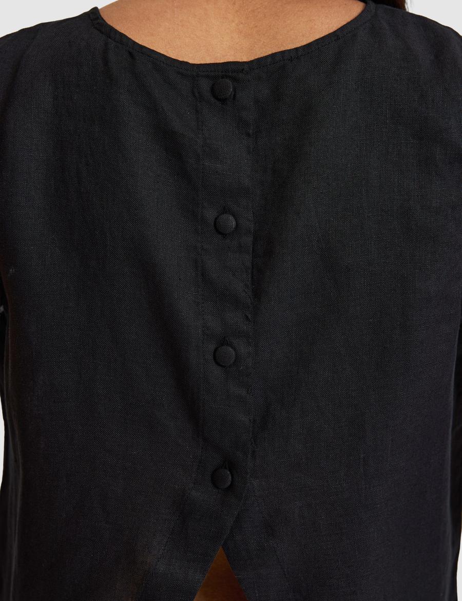 Siyah Regular Fit Keten Bluz