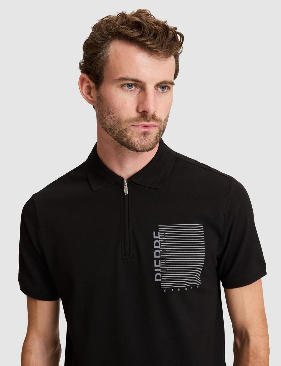 Siyah Slim Fit %100 Pamuk Fermuarlı Polo Yaka Tişört