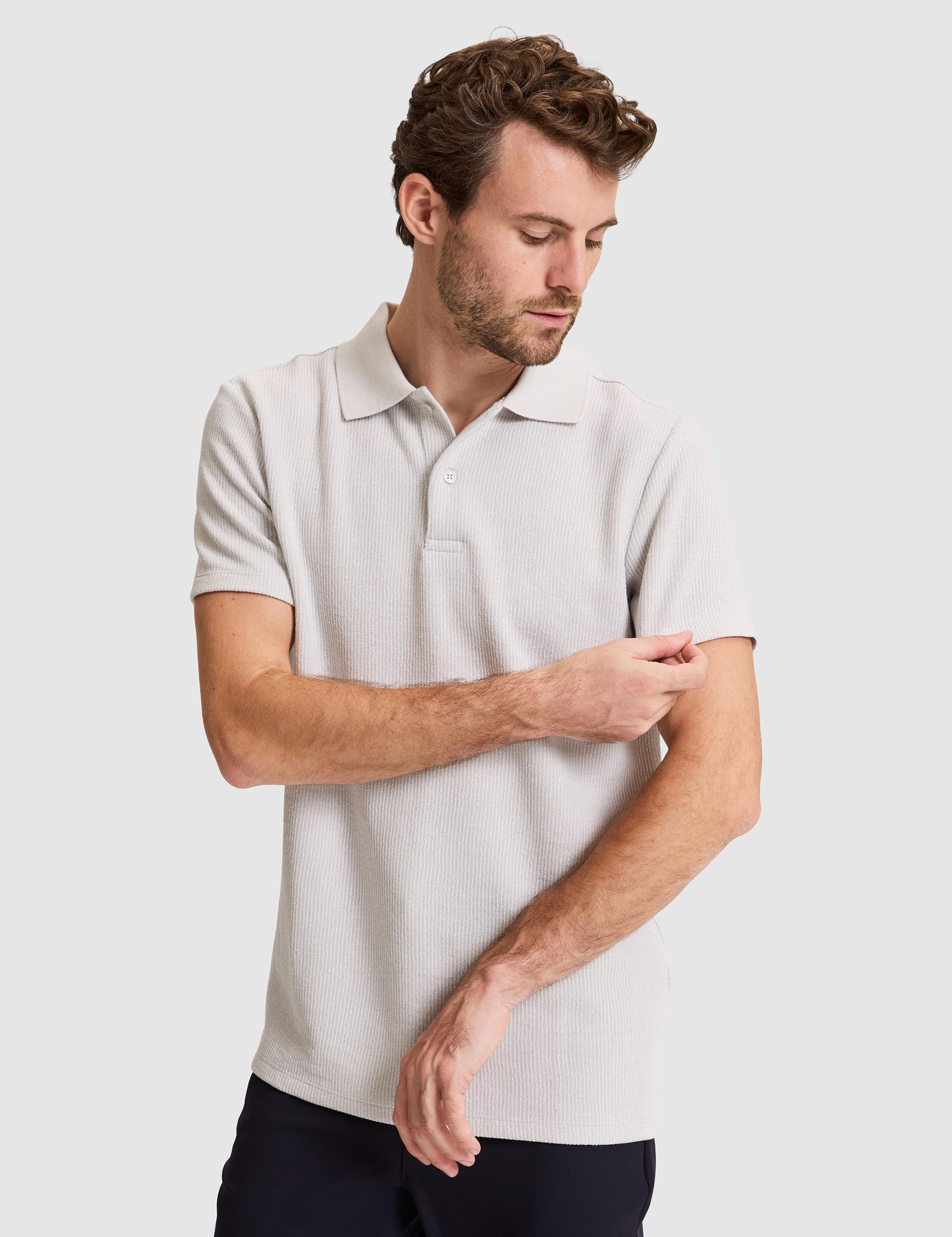 Gri Slim Fit Örme Dokulu Düğmeli Polo Yaka Tişört